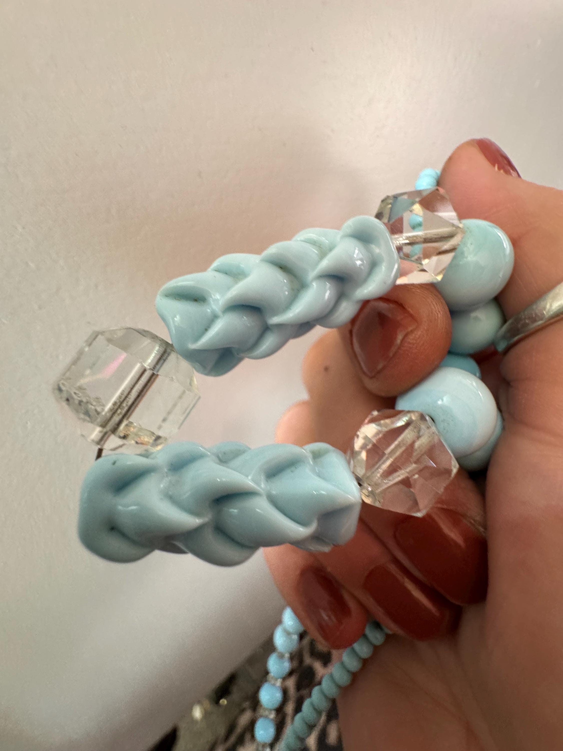 CIRO Antique ice blue Czech moulded glass beaded necklace, 9ct gold clasp