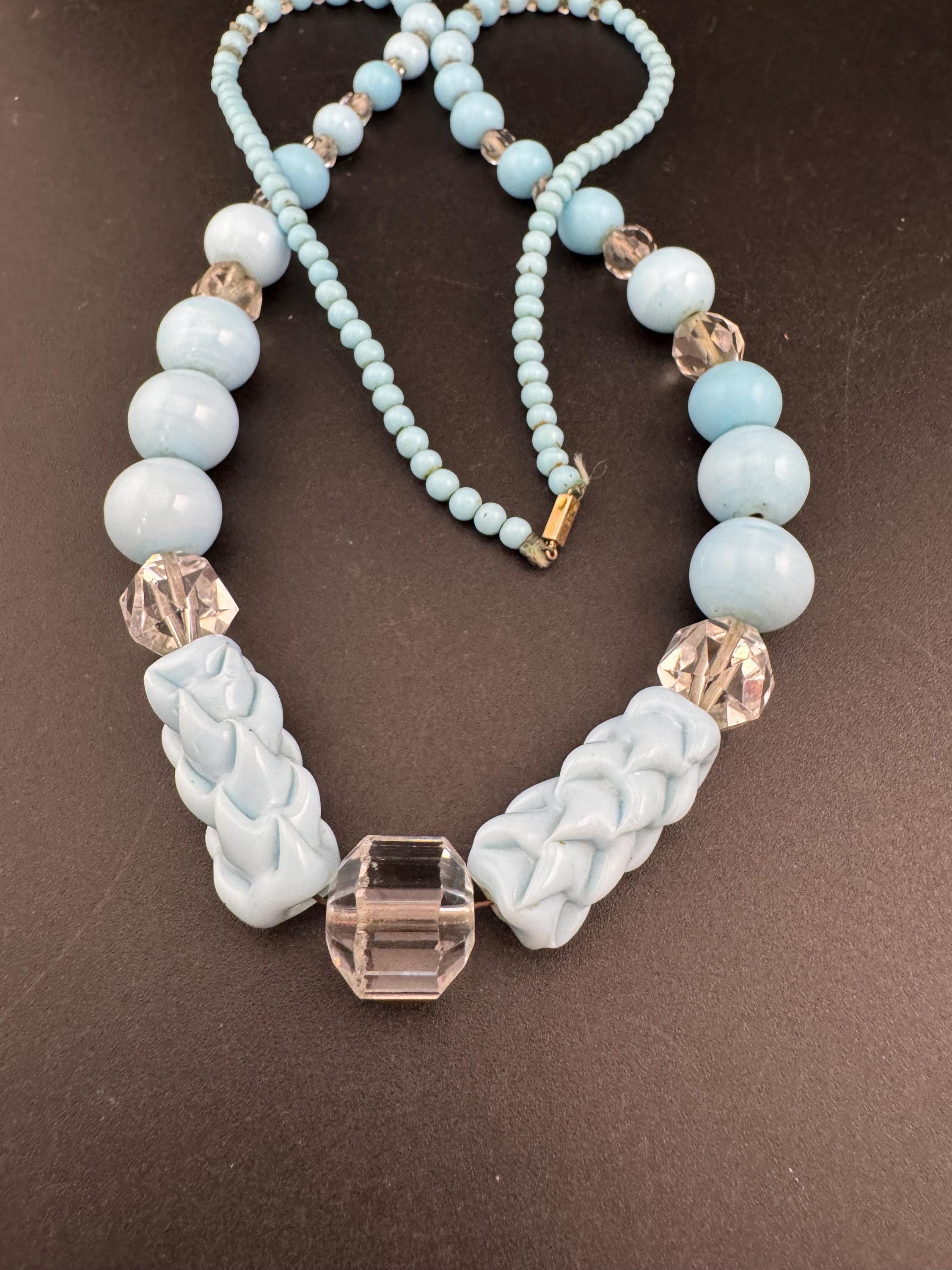 CIRO Antique ice blue Czech moulded glass beaded necklace, 9ct gold clasp