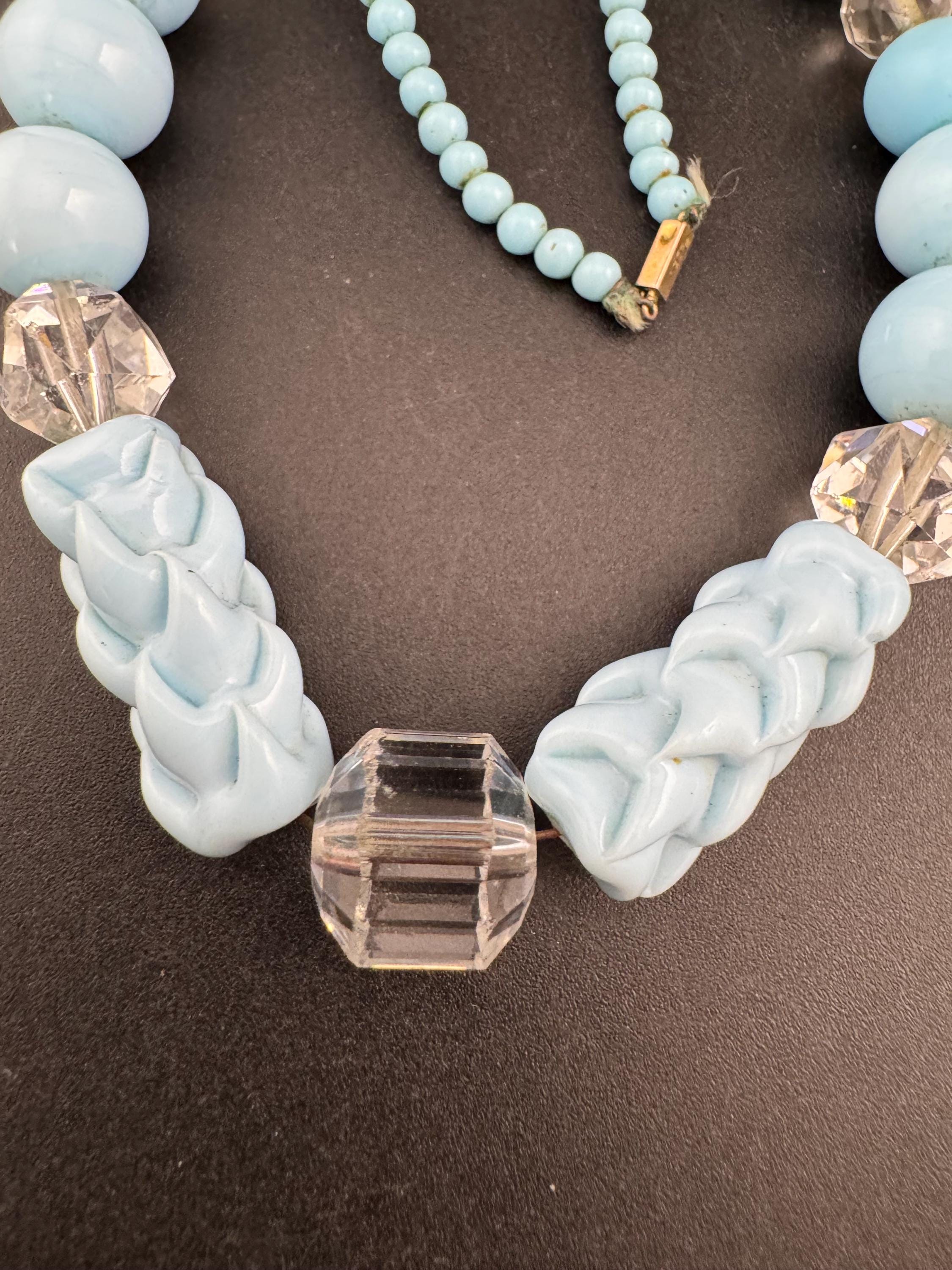 CIRO Antique ice blue Czech moulded glass beaded necklace, 9ct gold clasp