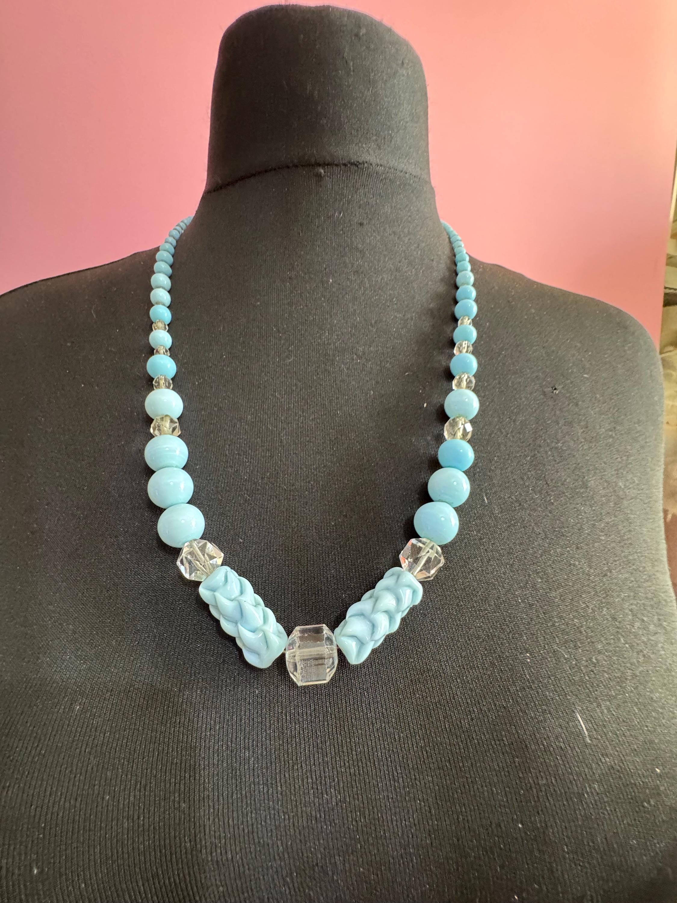 CIRO Antique ice blue Czech moulded glass beaded necklace, 9ct gold clasp