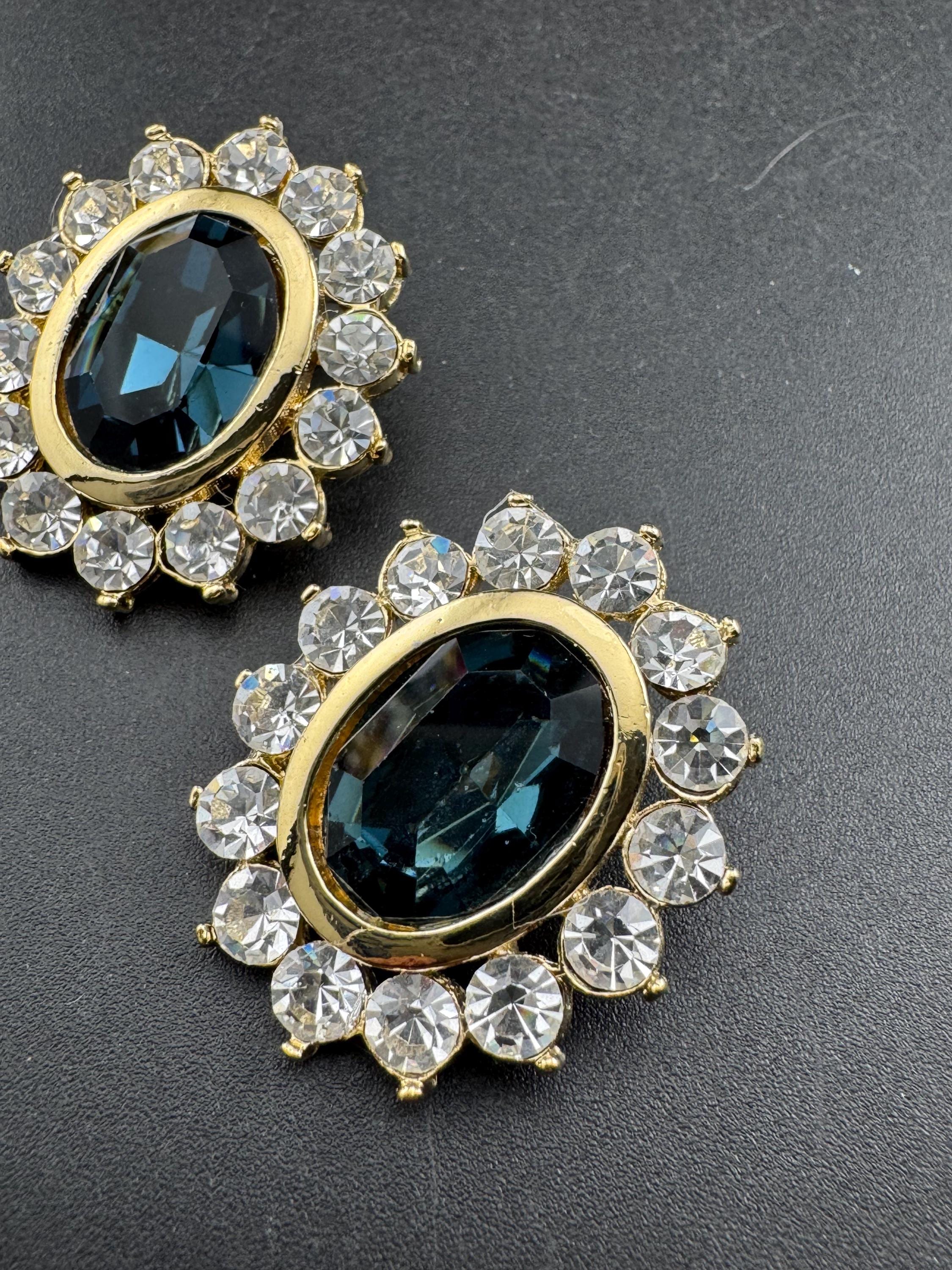 Sapphire blue oval oversized Swarovski earrings, clip on gold tone