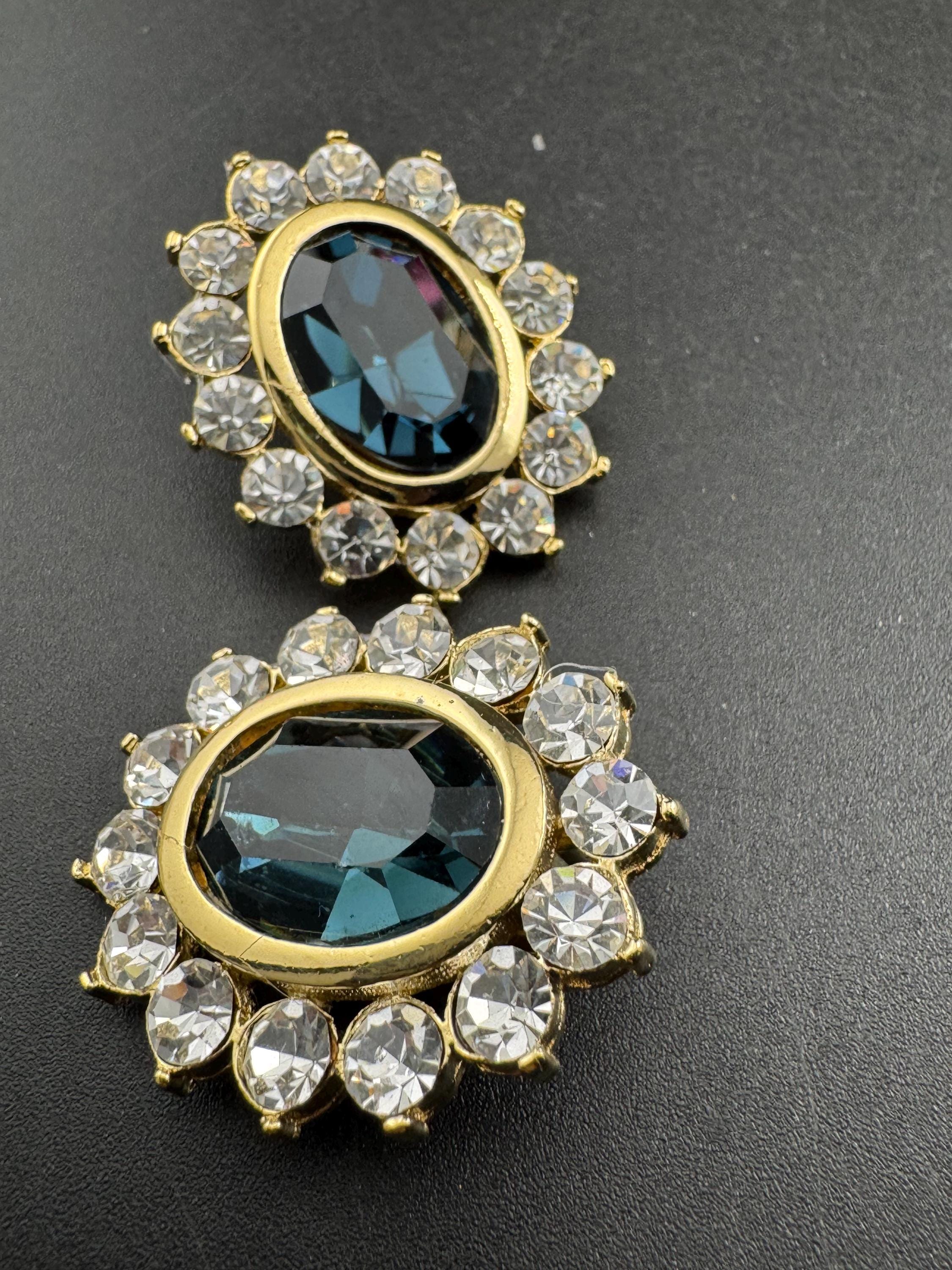 Sapphire blue oval oversized Swarovski earrings, clip on gold tone