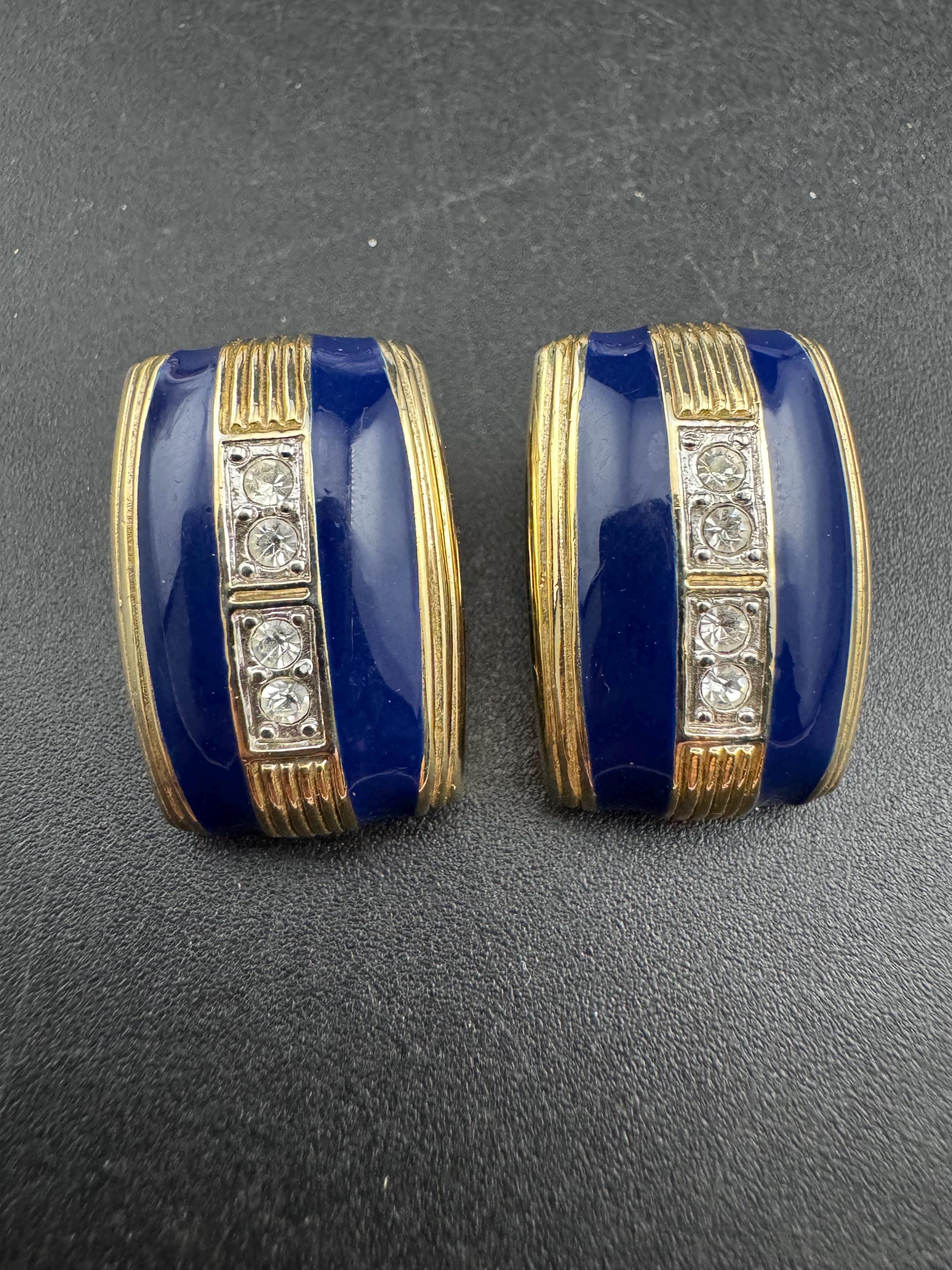 Diamanté navy blue enamel Clip On Earrings, vintage studs