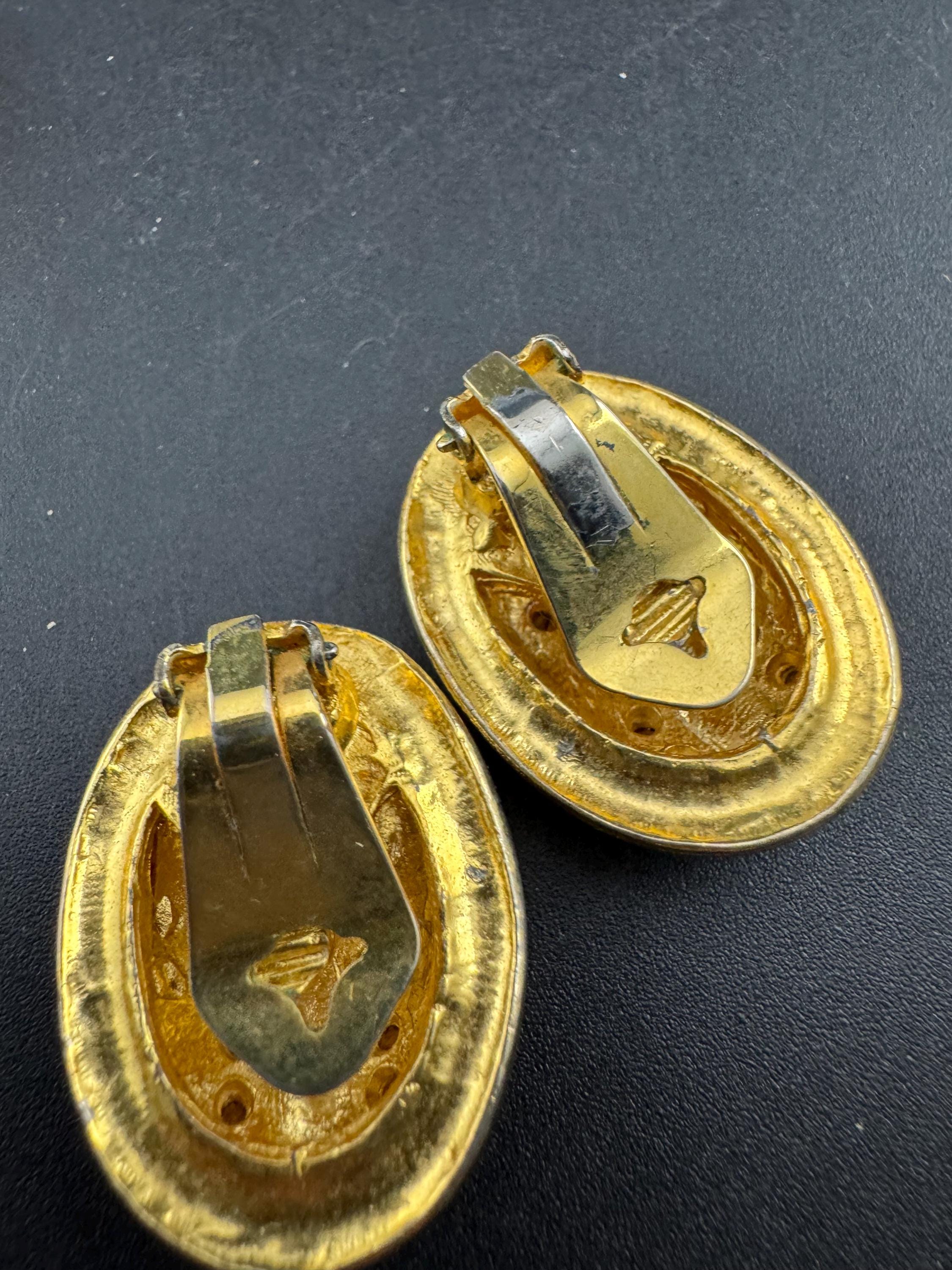 Diamanté navy blue enamel oval Clip On Earrings, vintage studs