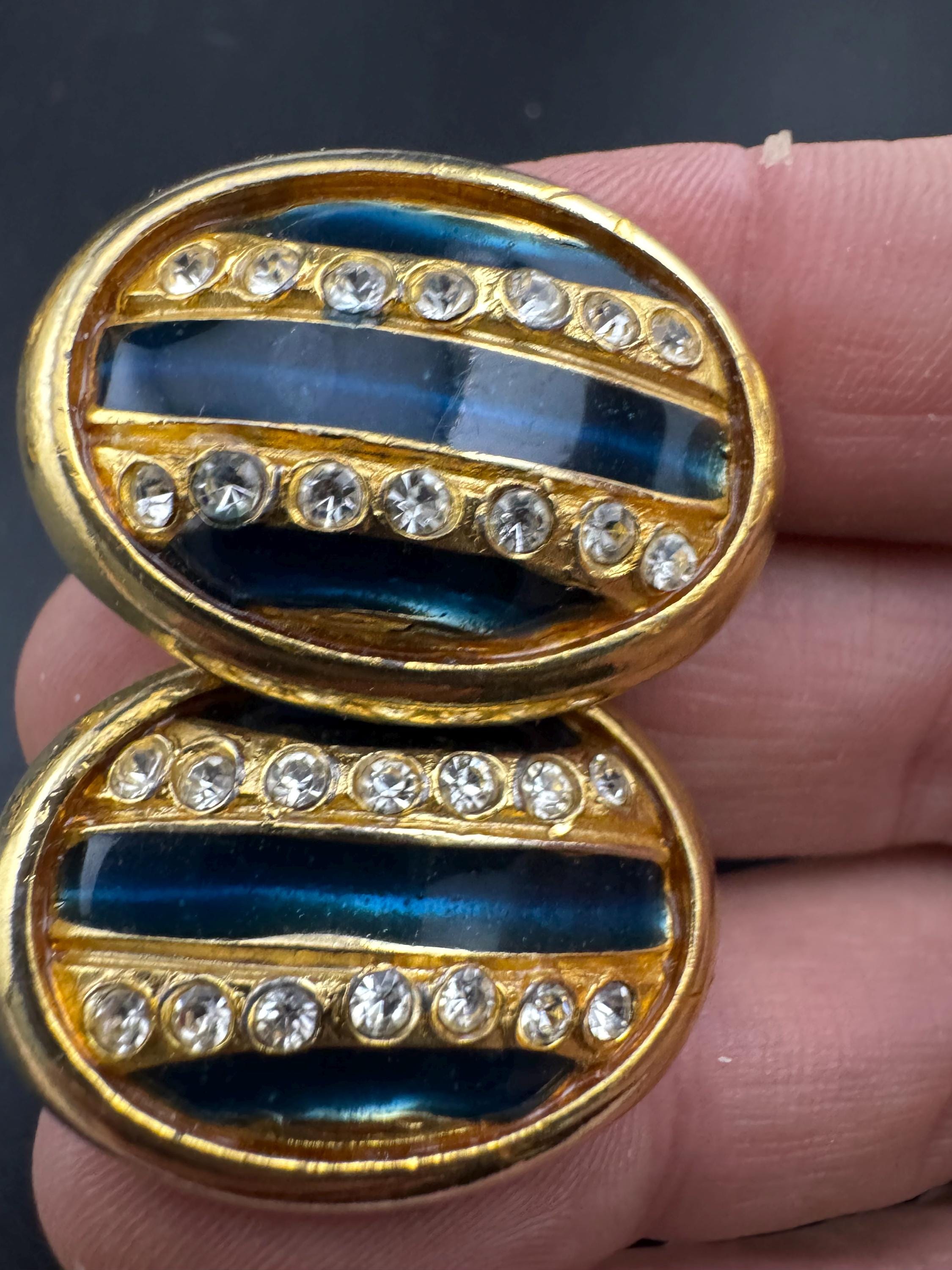 Diamanté navy blue enamel oval Clip On Earrings, vintage studs