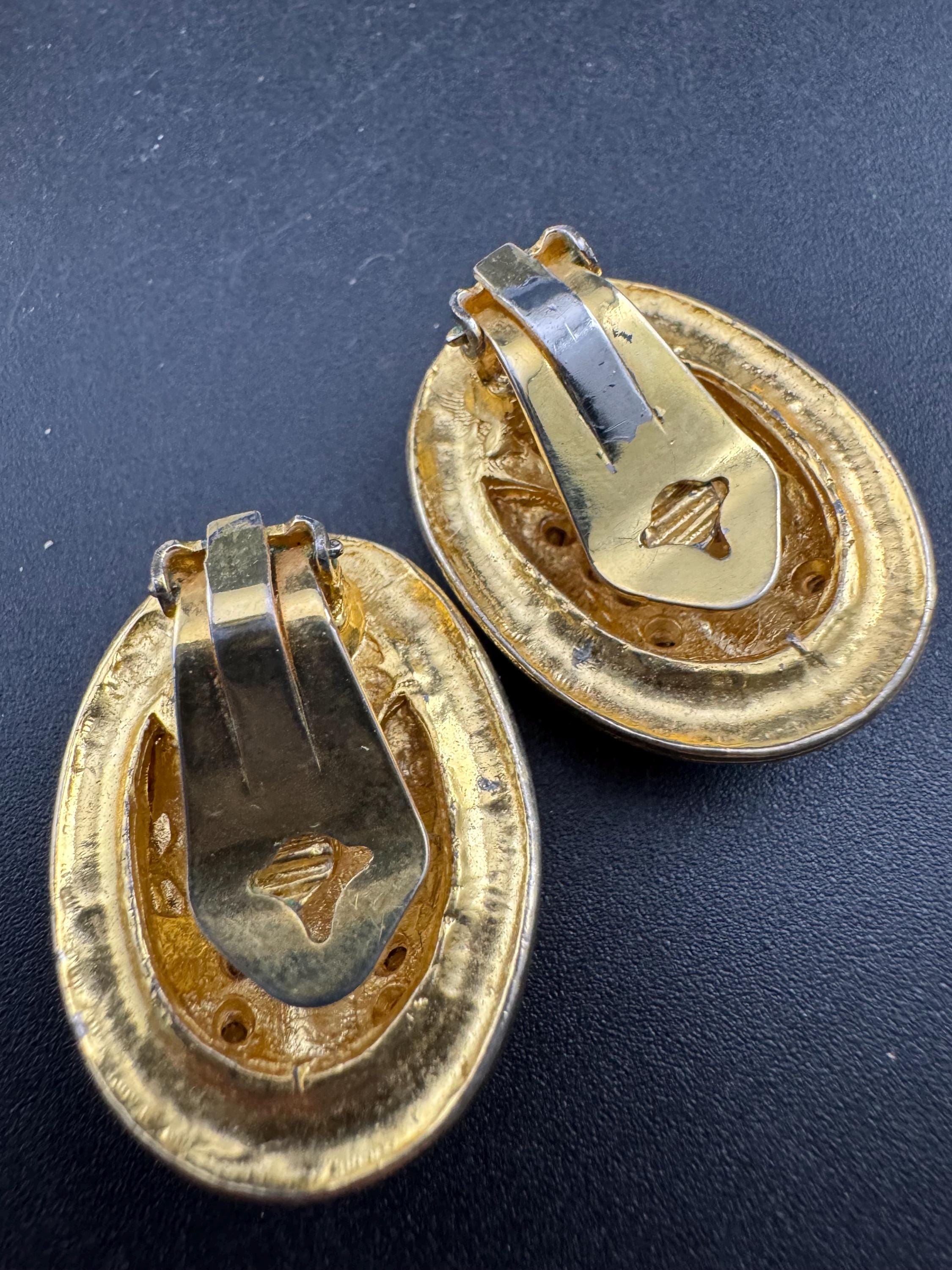 Diamanté navy blue enamel oval Clip On Earrings, vintage studs