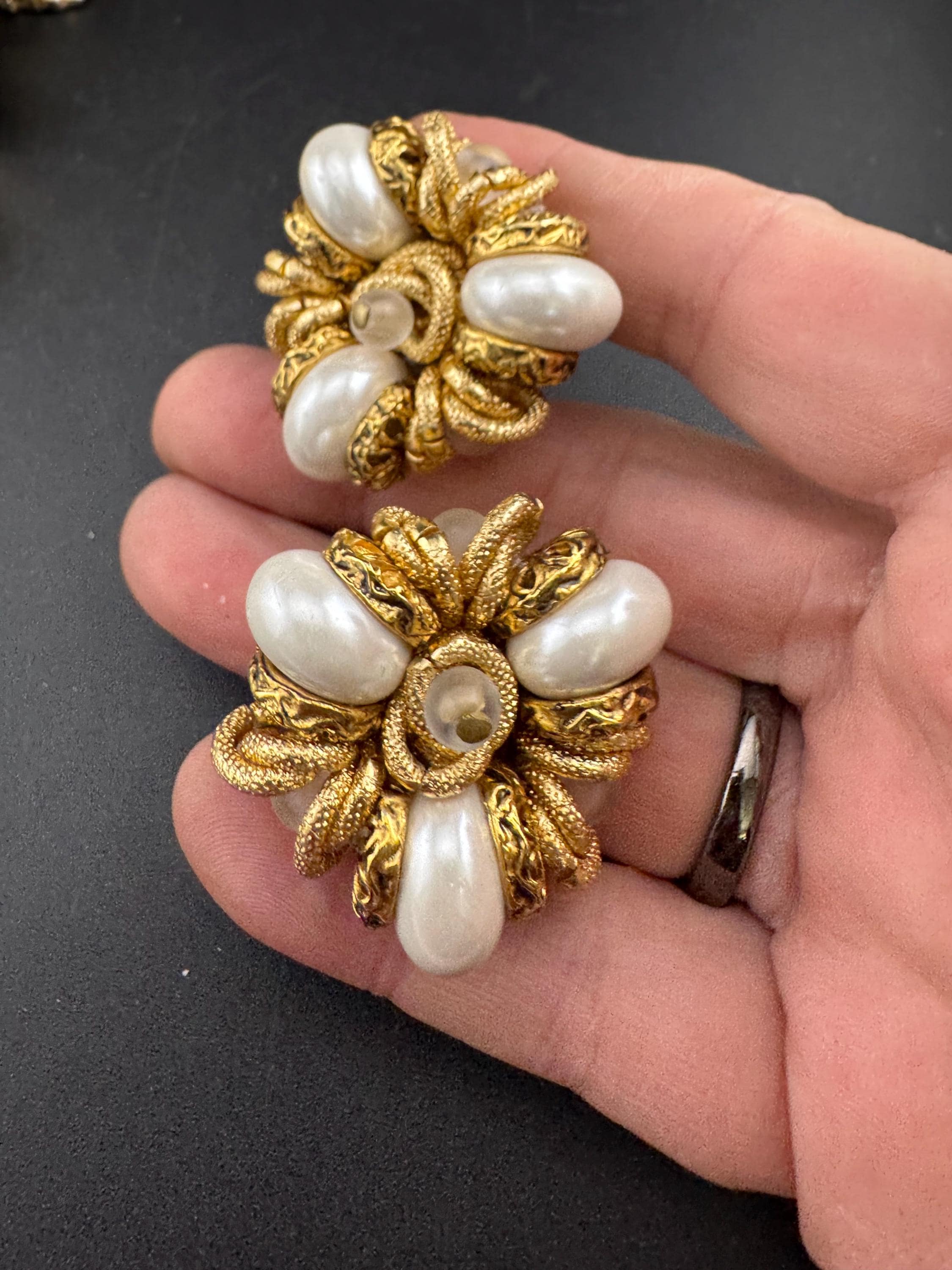 oversized cluster faux Pearl gold beaded Clip on Earrings, 3.5cm designer style