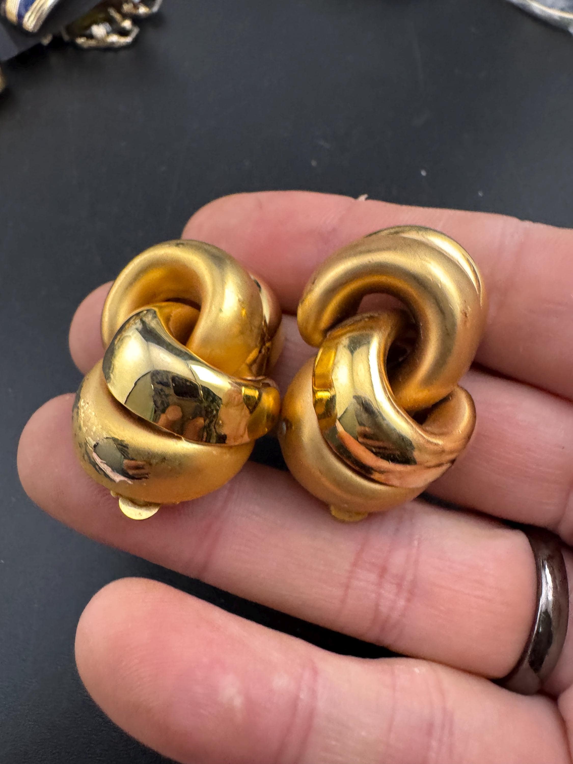 Oversized swirl knot clip on earrings, Vintage Matt gold tone