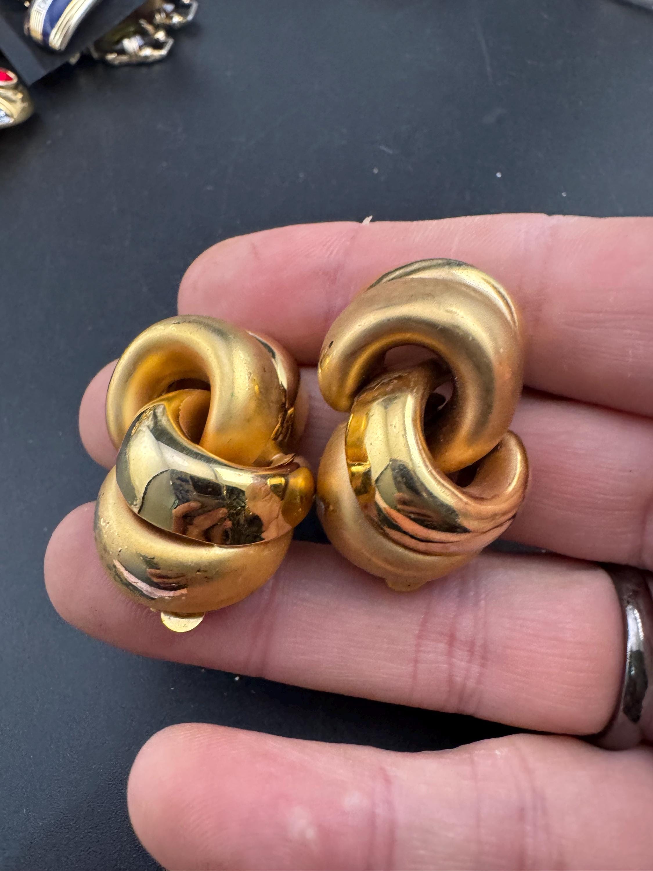 Oversized swirl knot clip on earrings, Vintage Matt gold tone