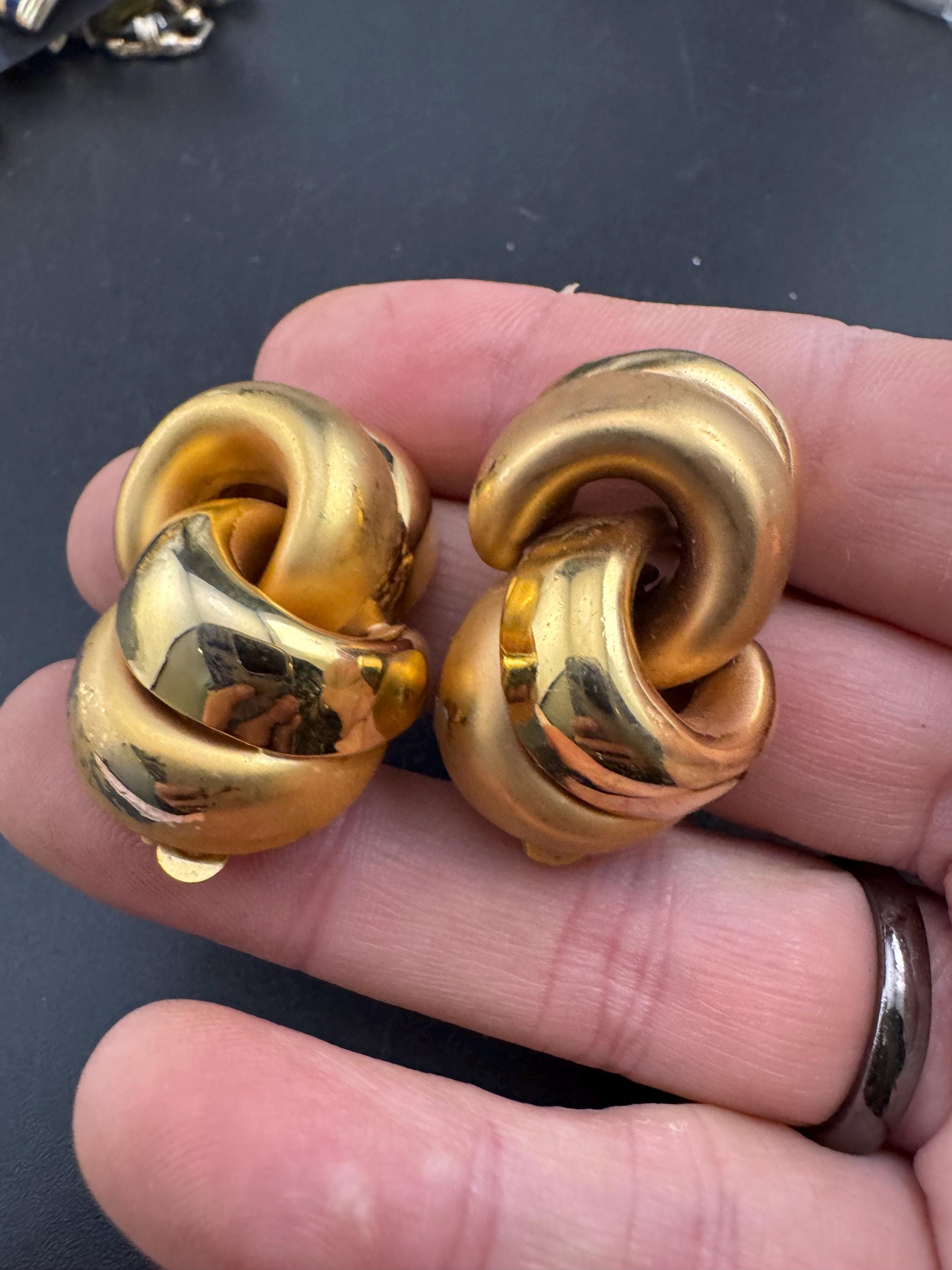 Oversized swirl knot clip on earrings, Vintage Matt gold tone