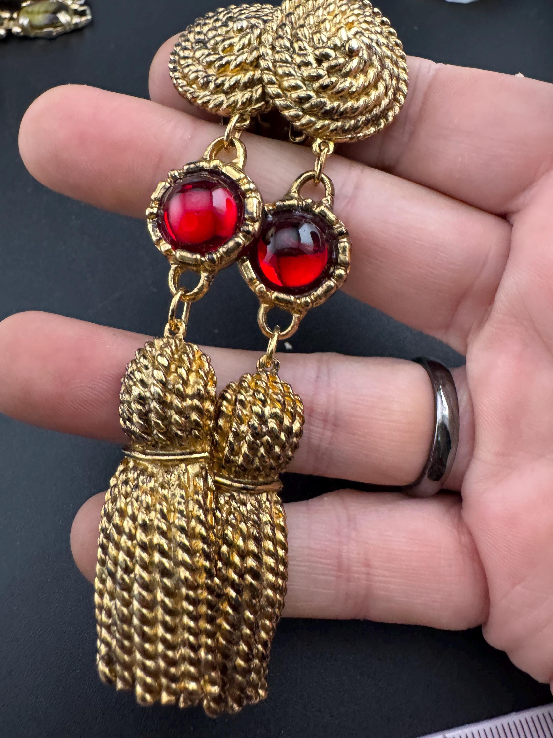 Vintage Ruby cabochon and gold tassel dangly clip on earrings, 9cm long