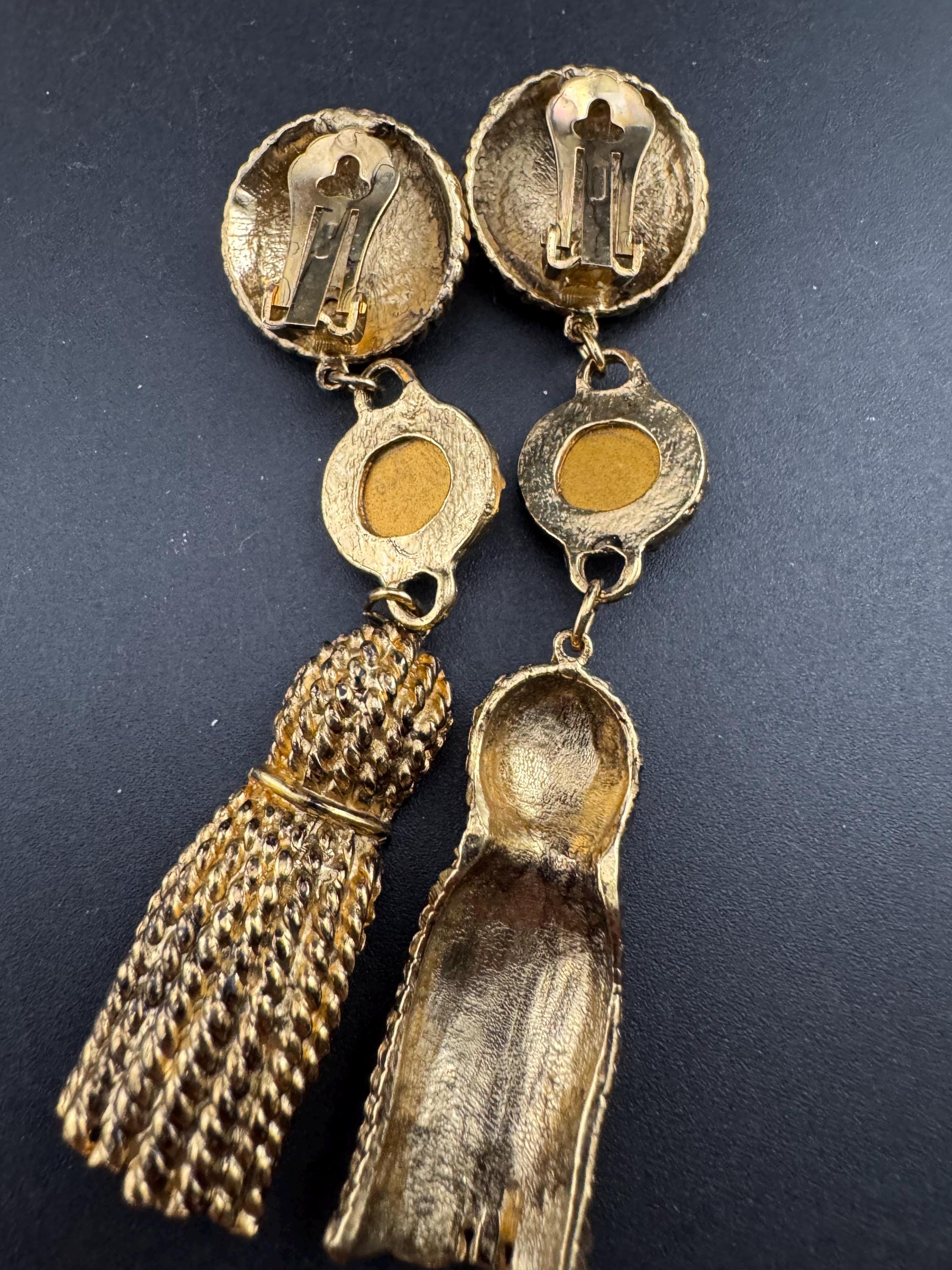 Vintage Ruby cabochon and gold tassel dangly clip on earrings, 9cm long