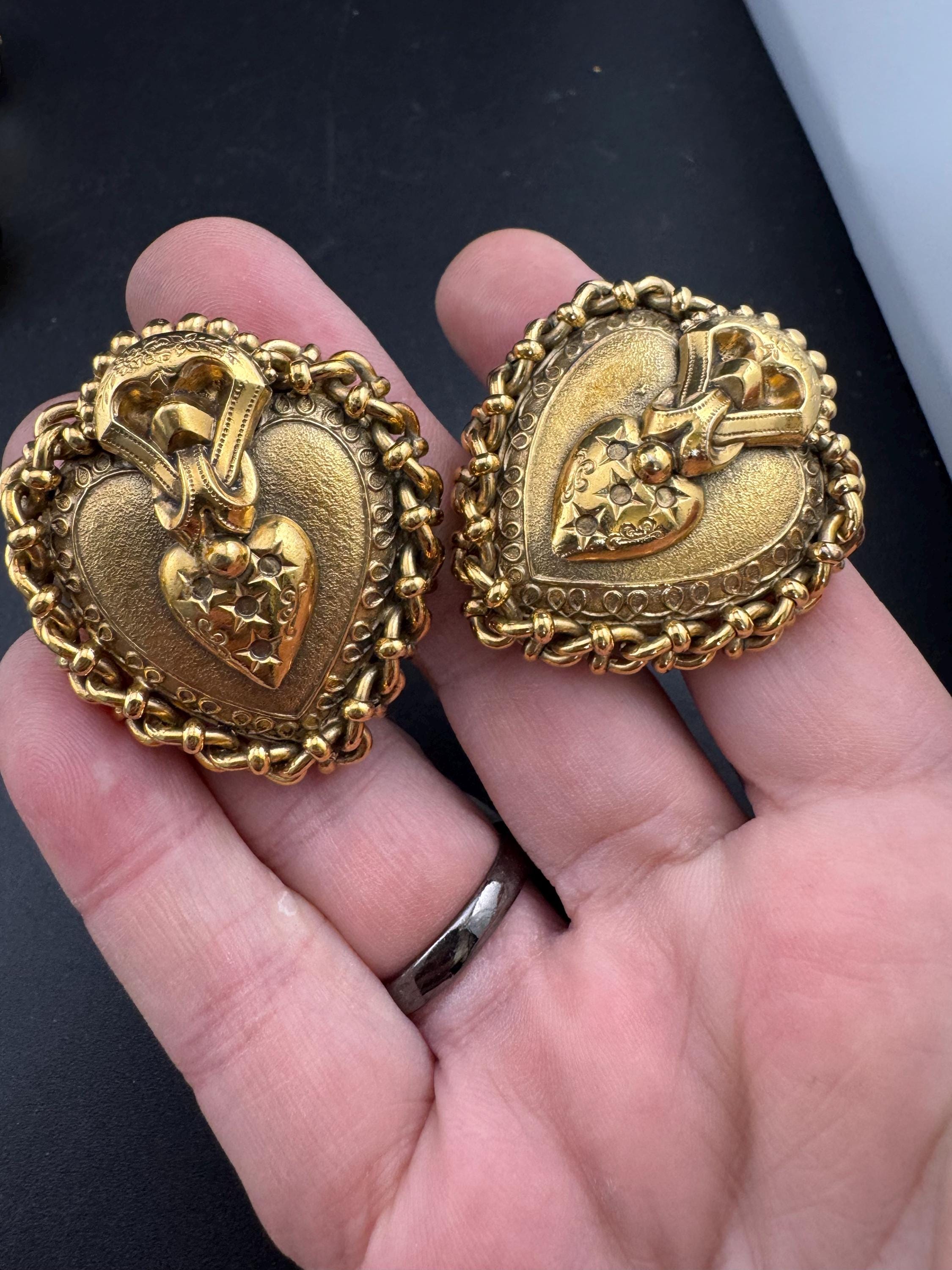 Oversized love heart clip on earrings, designer style antique gold tone