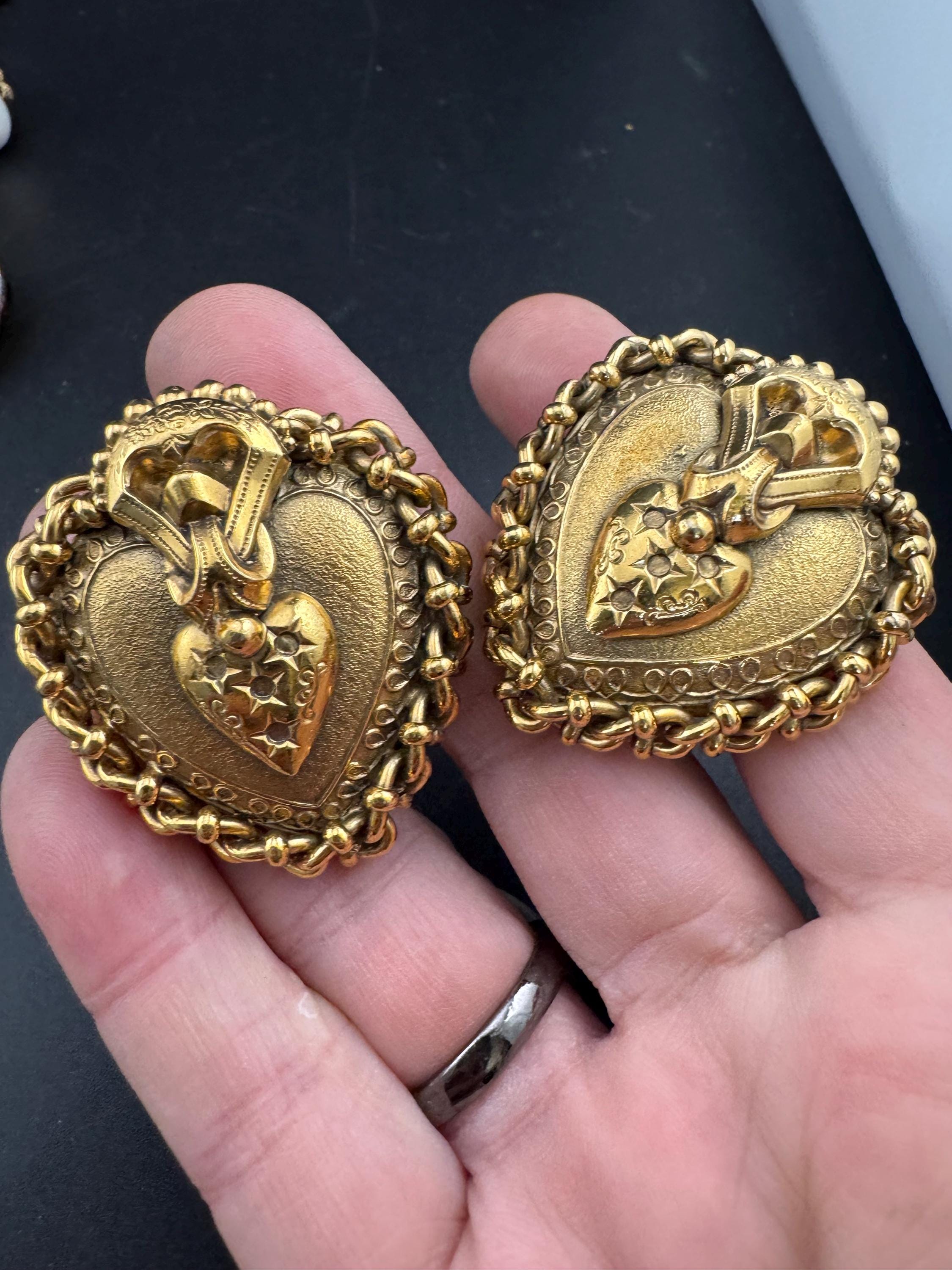 Oversized love heart clip on earrings, designer style antique gold tone