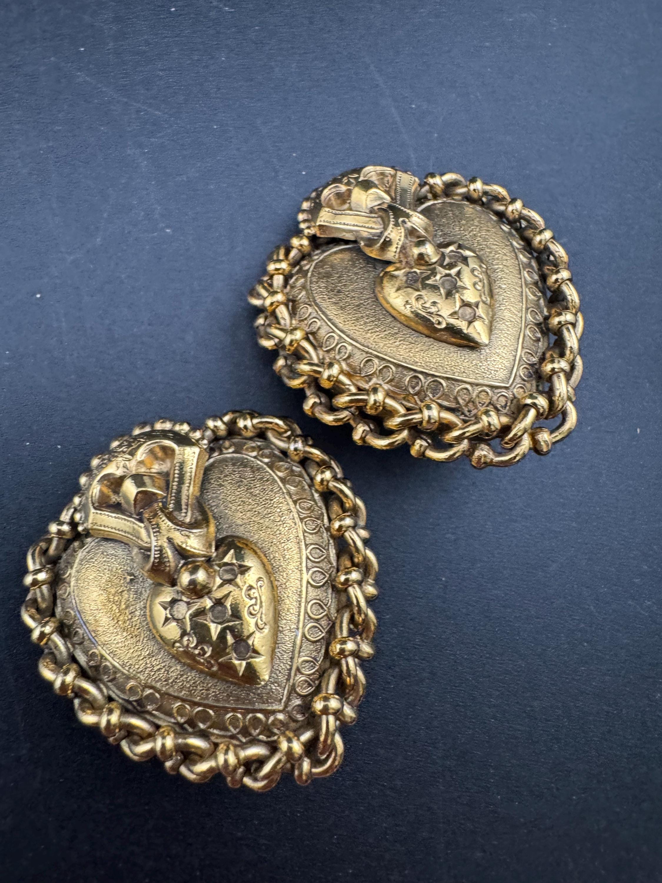 Oversized love heart clip on earrings, designer style antique gold tone