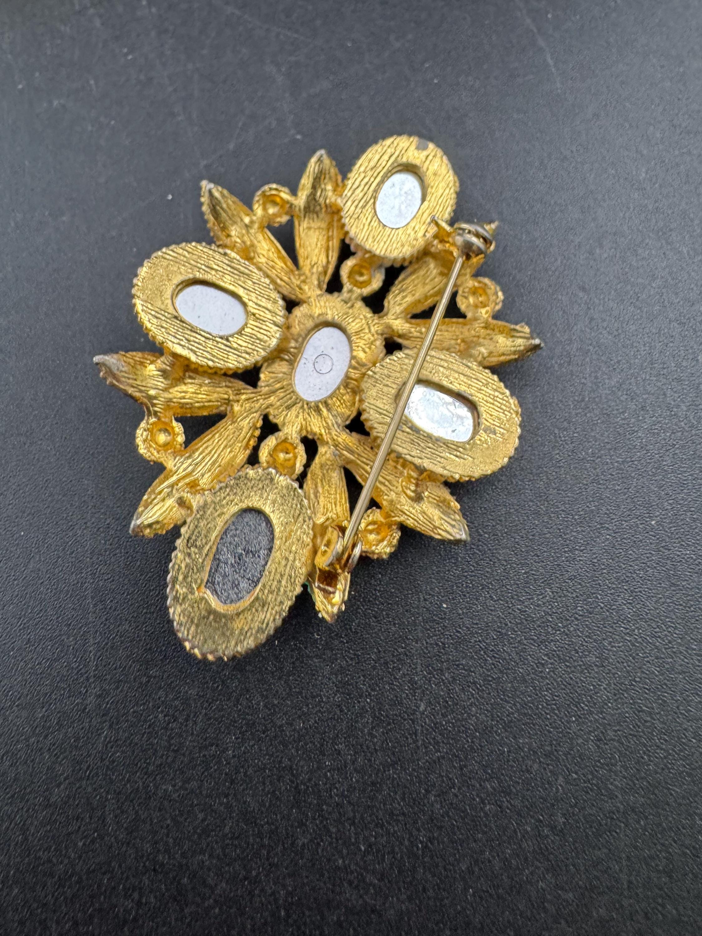 Vintage Oversized Gold Tone Brooch, Red Blue & Green purple Cabochon