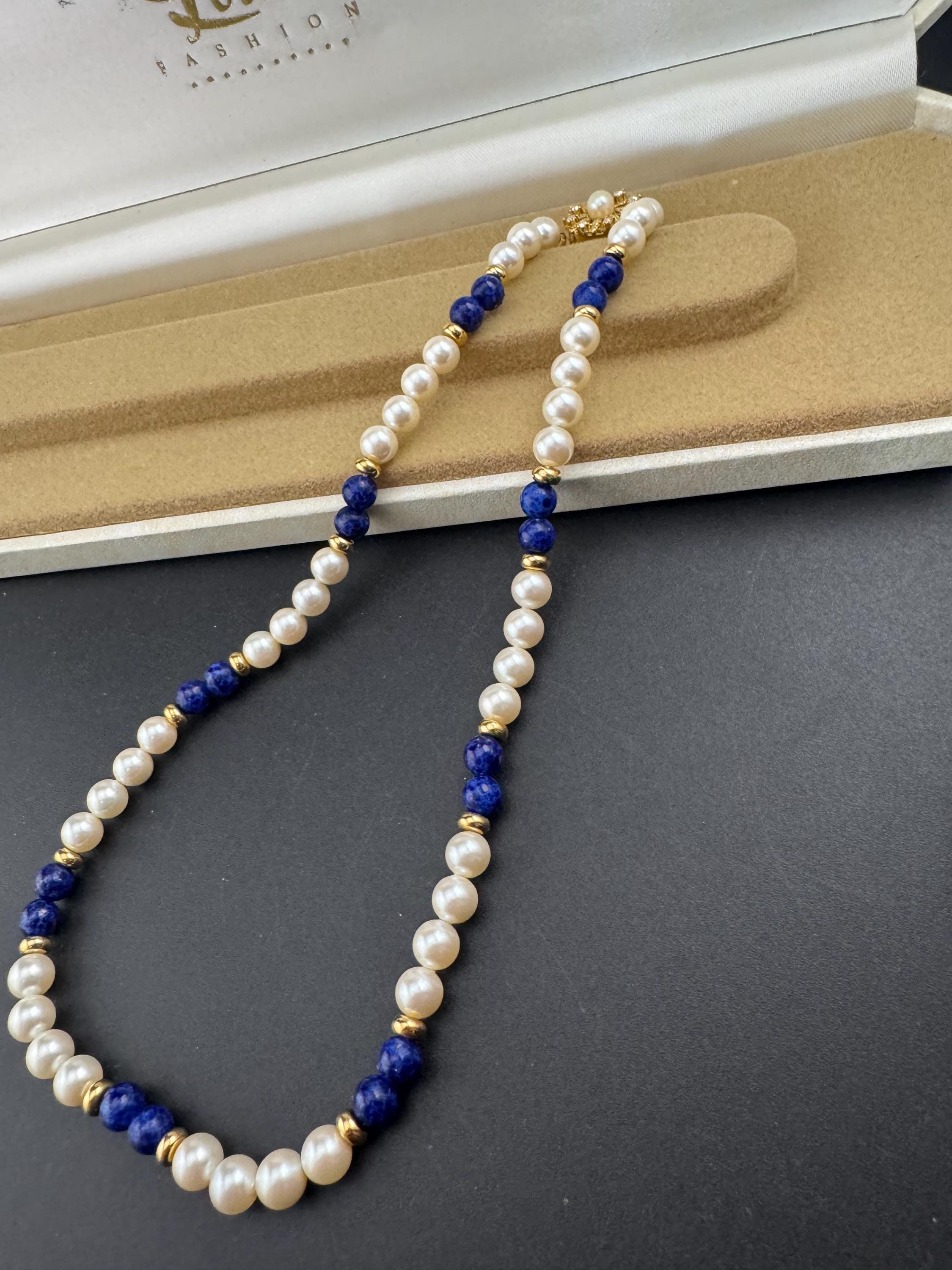 Vintage Lotus Cream and blue beaded Pearl Necklace: rhinedtone clasp, 42cm