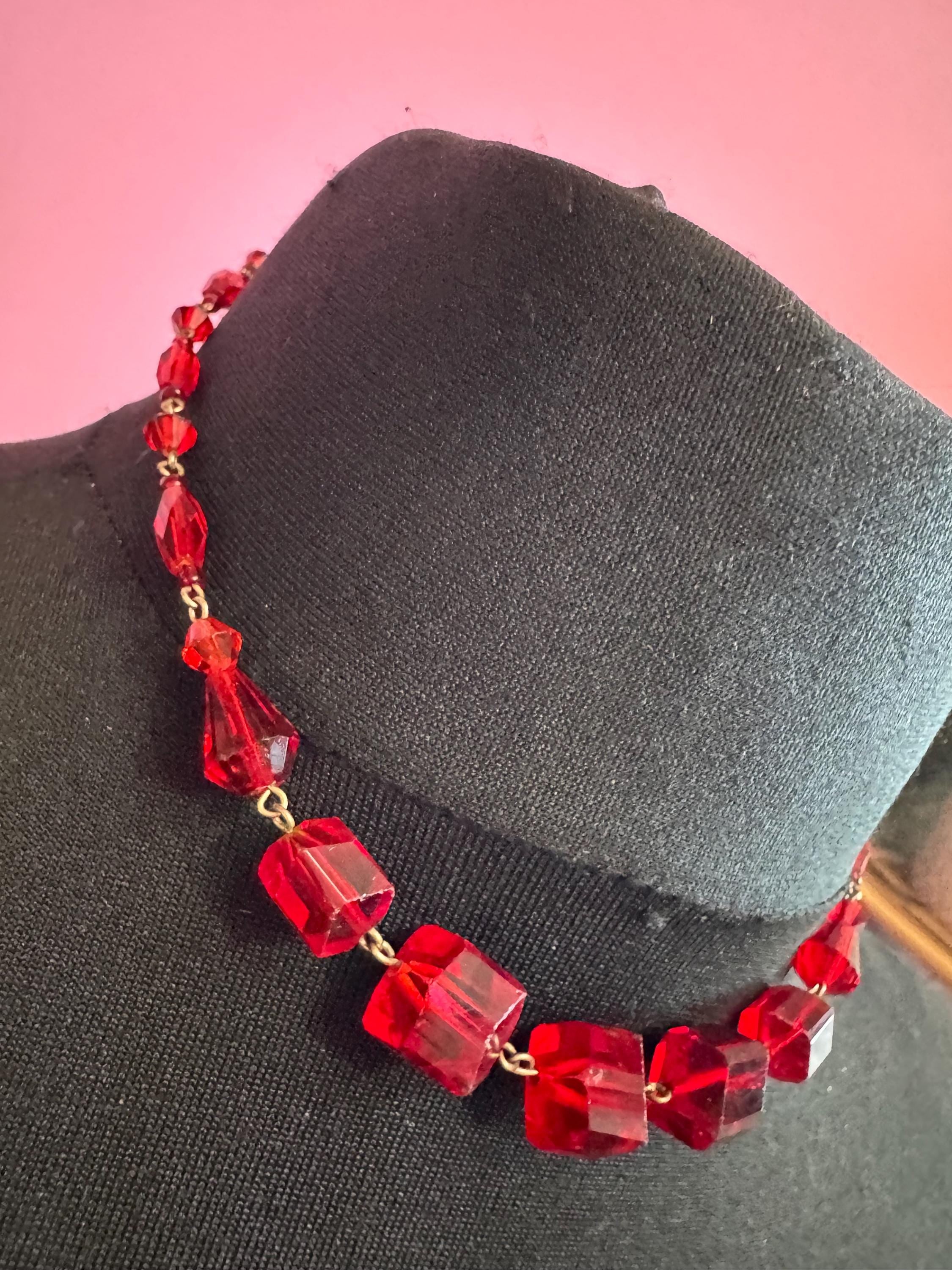Vintage red ruby glass beaded art deco necklace