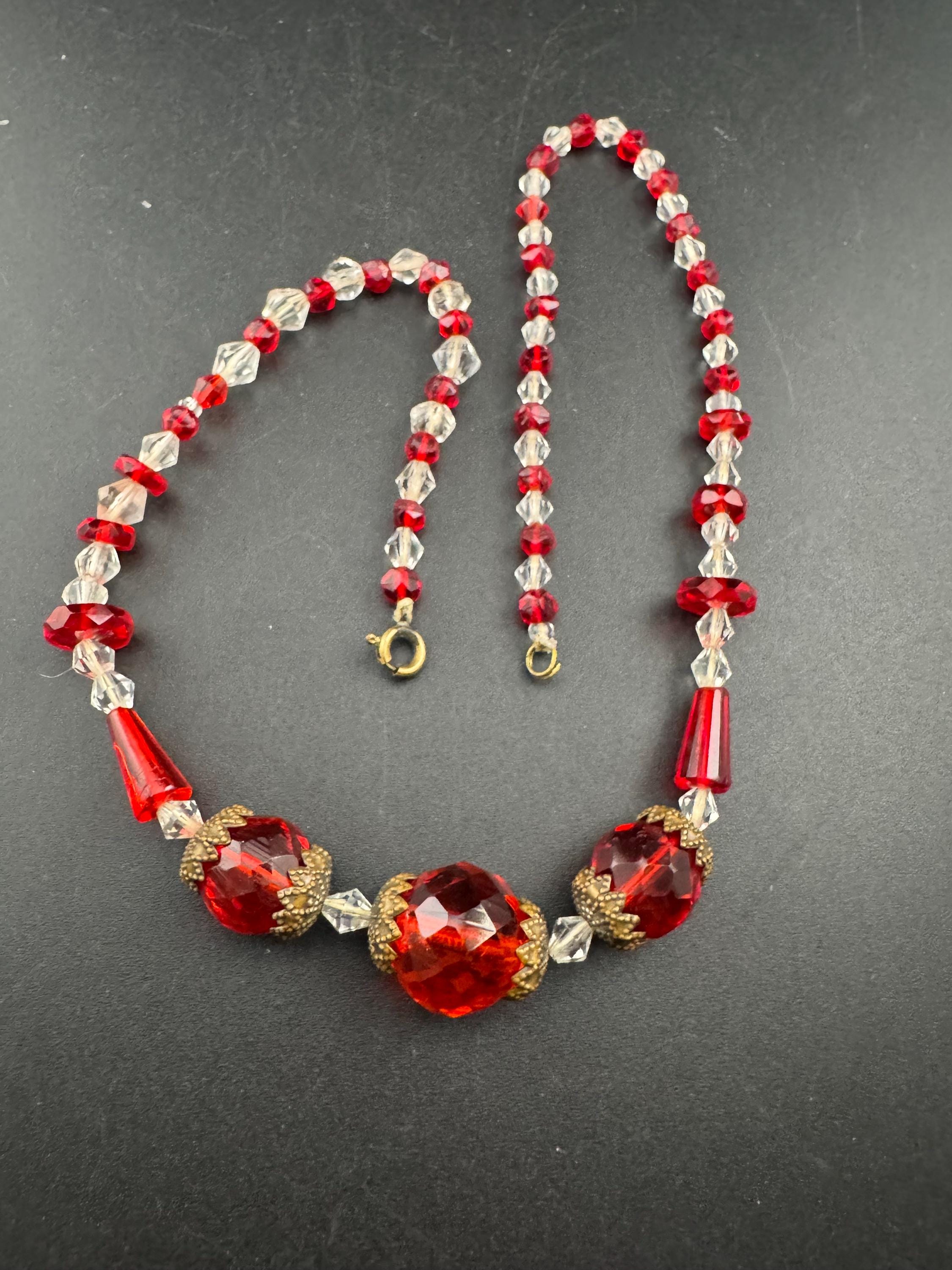 Vintage Czech red and clear cut glass beaded art deco necklace