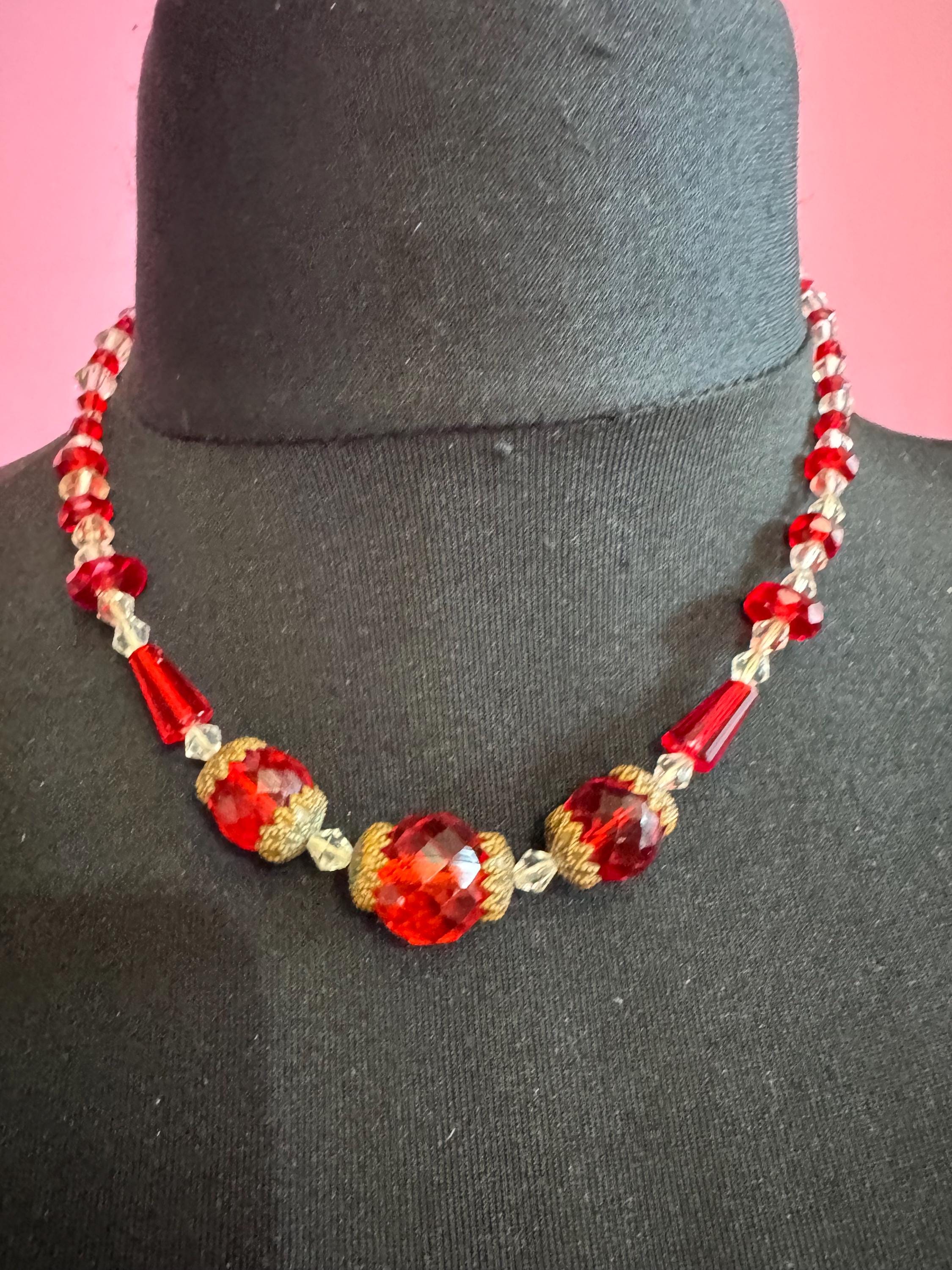 Vintage Czech red and clear cut glass beaded art deco necklace