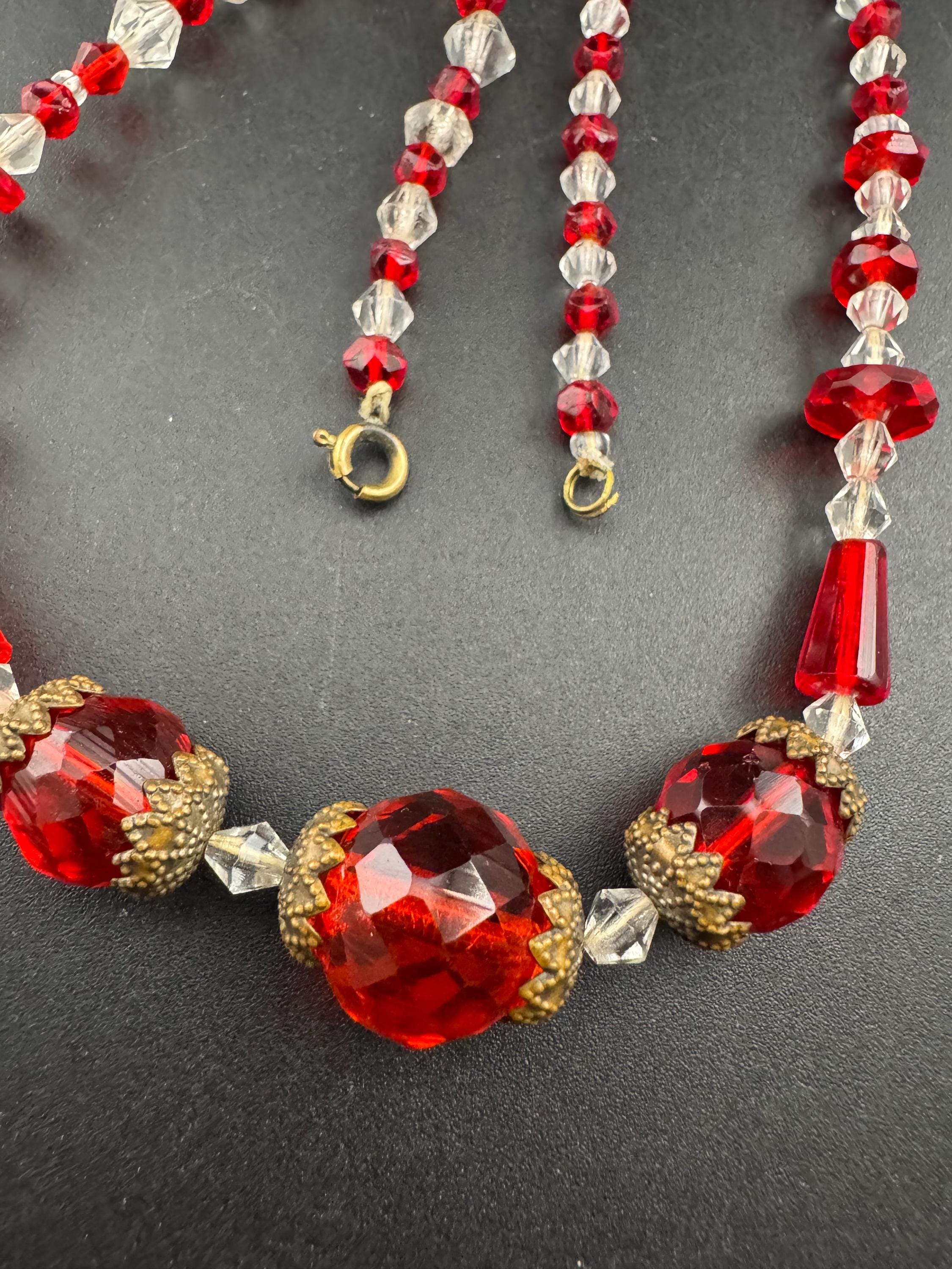 Vintage Czech red and clear cut glass beaded art deco necklace