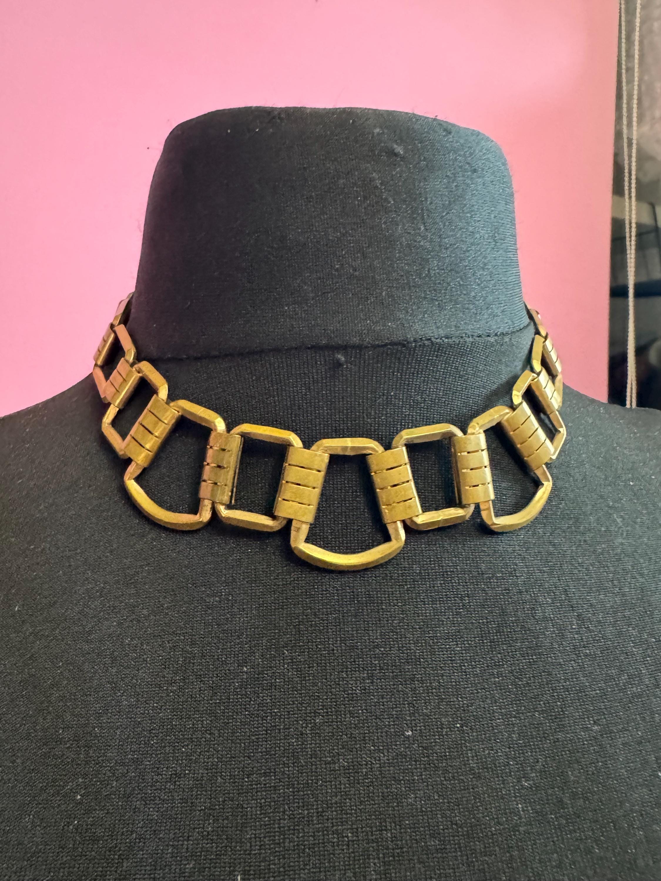 Czech, art deco gold brass collar necklace, machine age