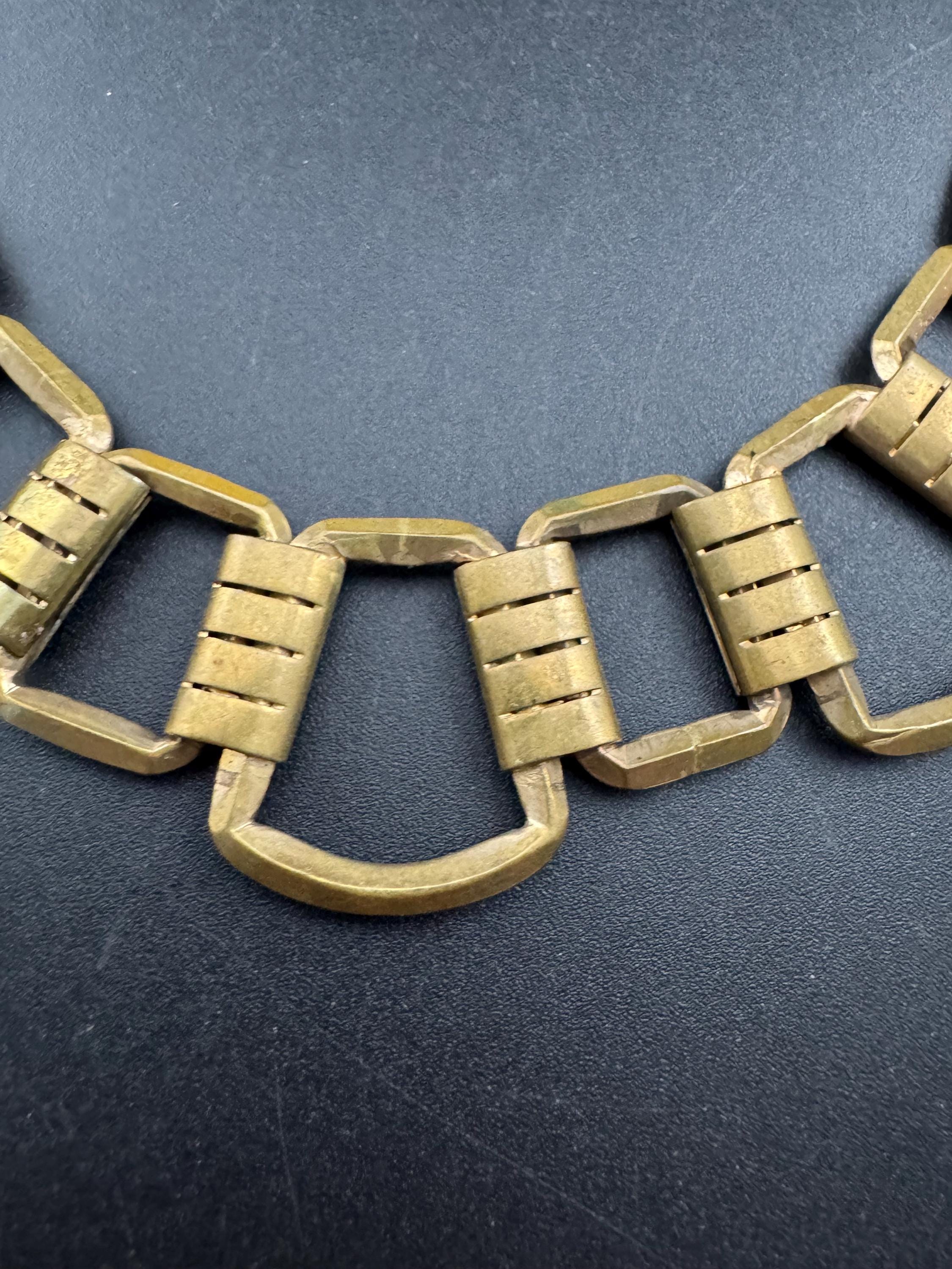 Czech, art deco gold brass collar necklace, machine age