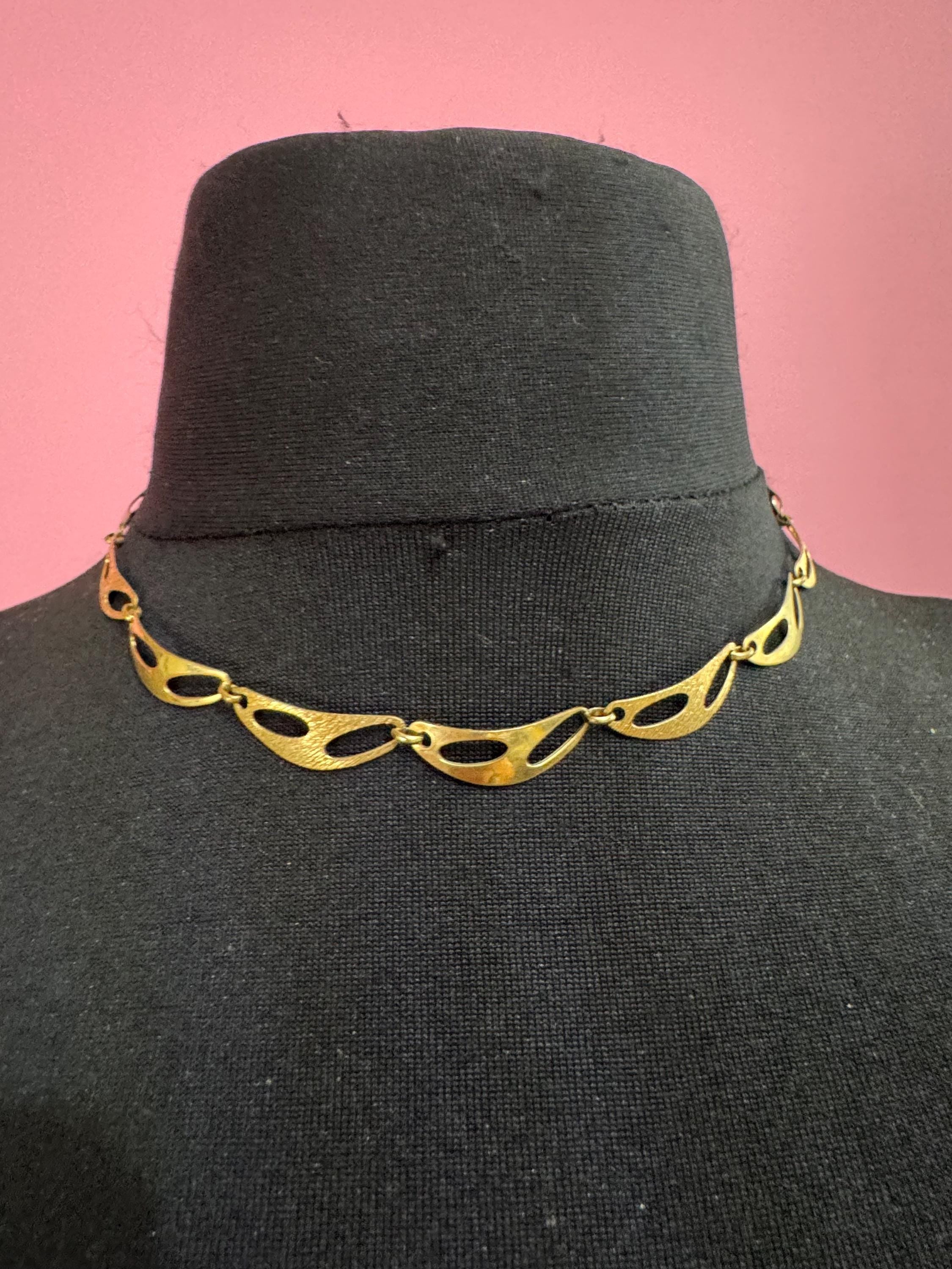 Vintage gold plated panel link collar necklace, mid century