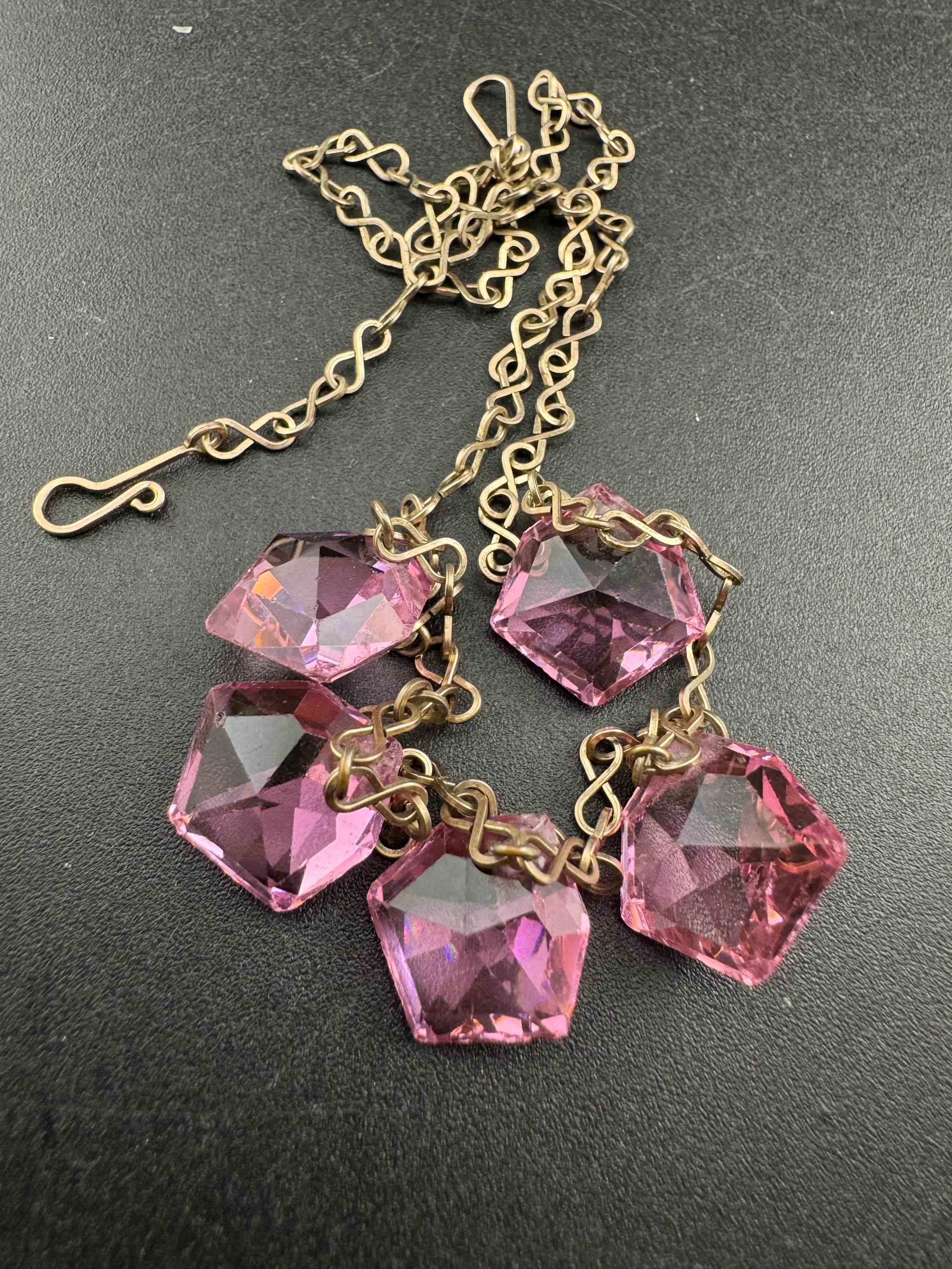 Art Deco pink glass crystal drop necklace, gilt metal chain