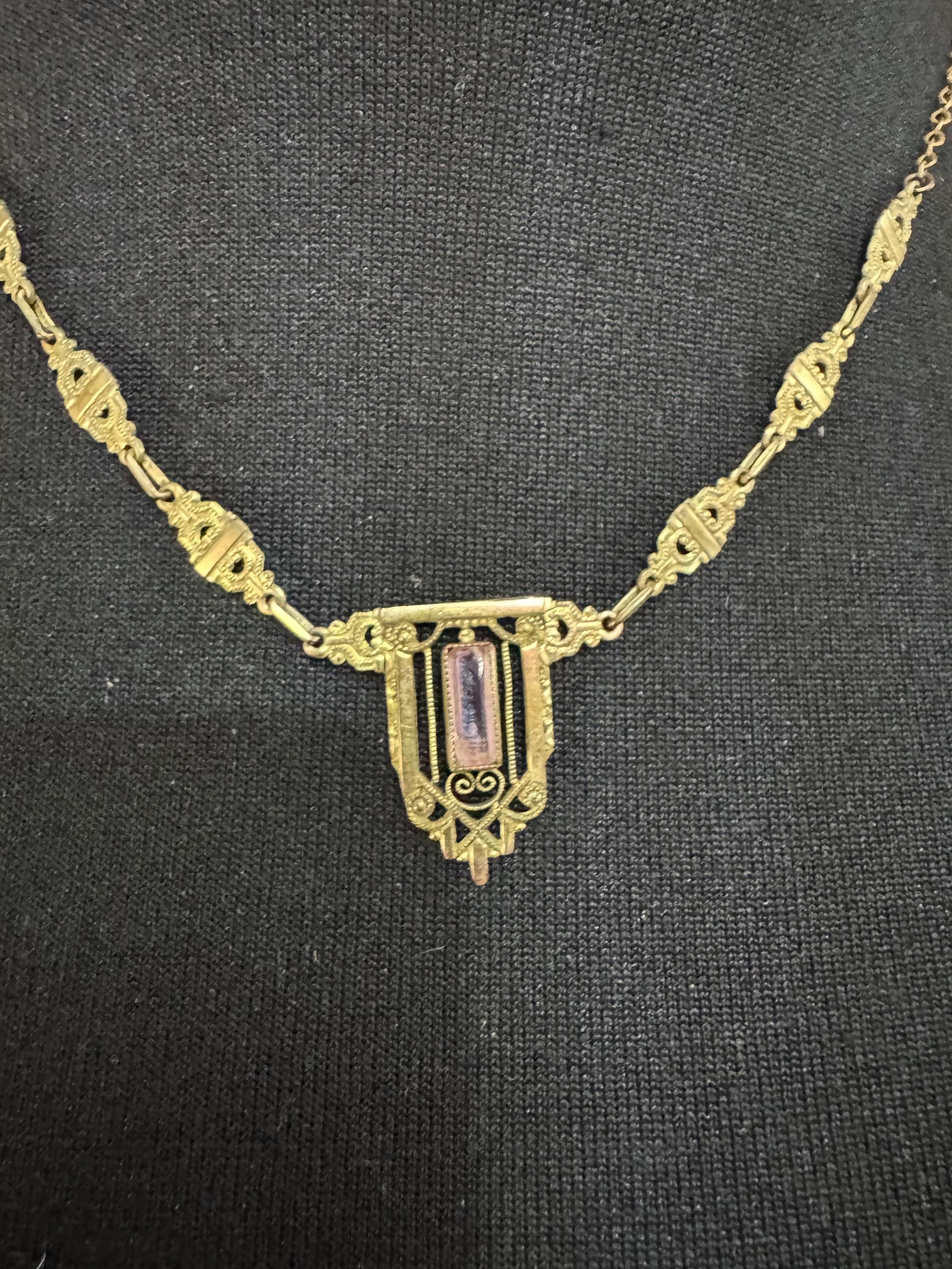 Antique rolled gold amethyst purple pendant necklace