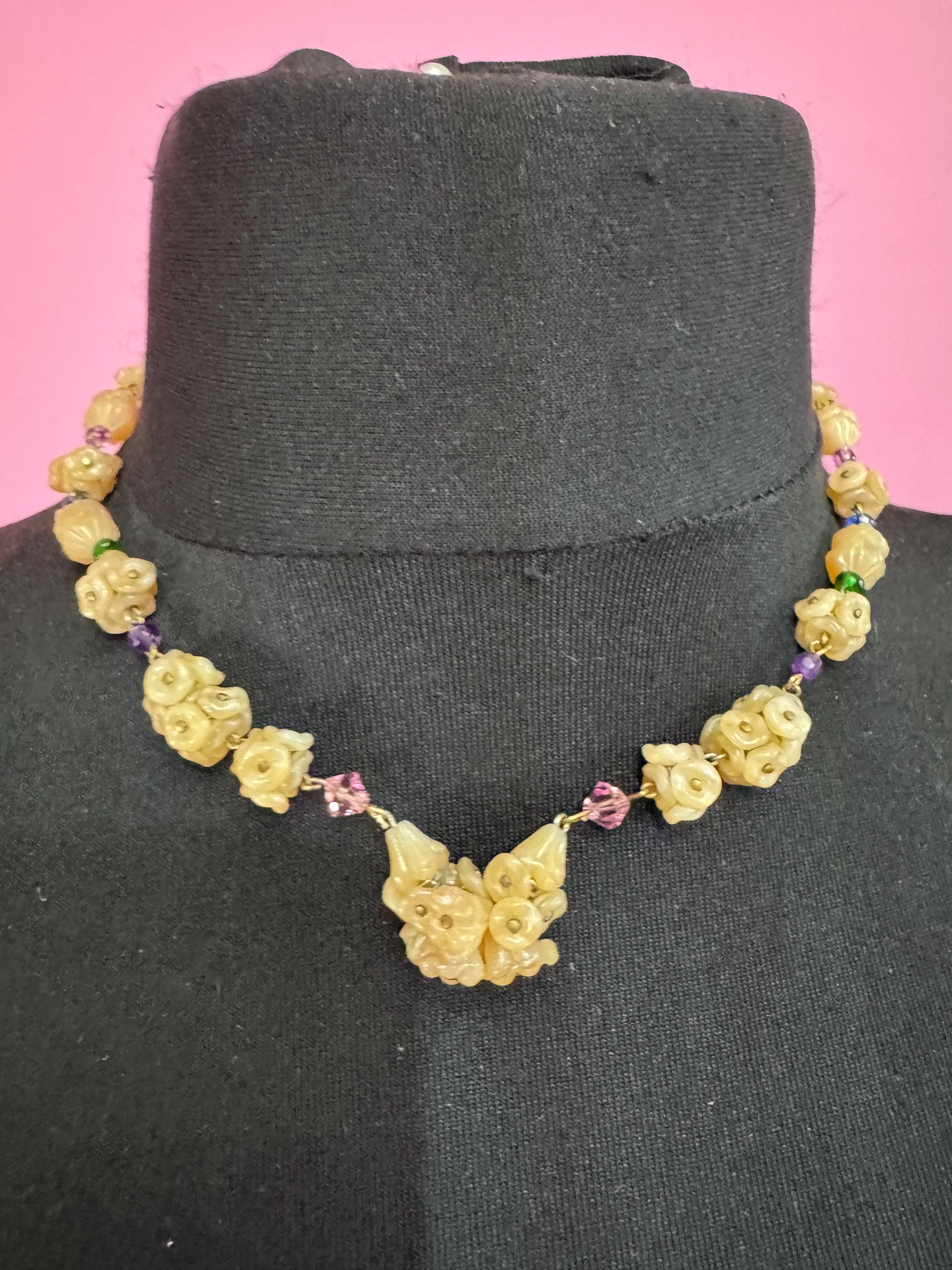 Vintage czech cream glass pink green floral beaded collar necklace 44cm