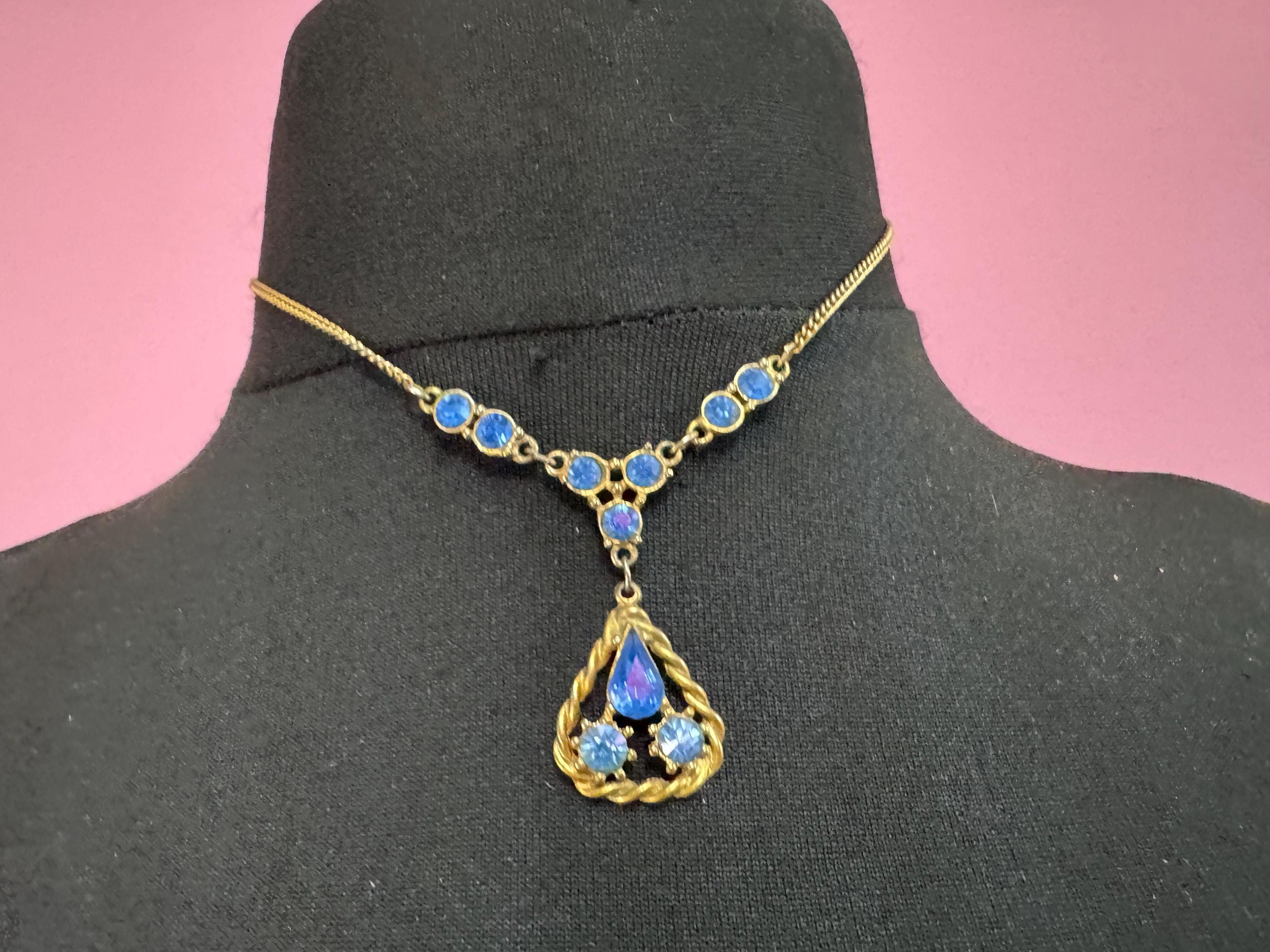 Art Deco sapphire diamante Paste drop pendant necklace, gold tone