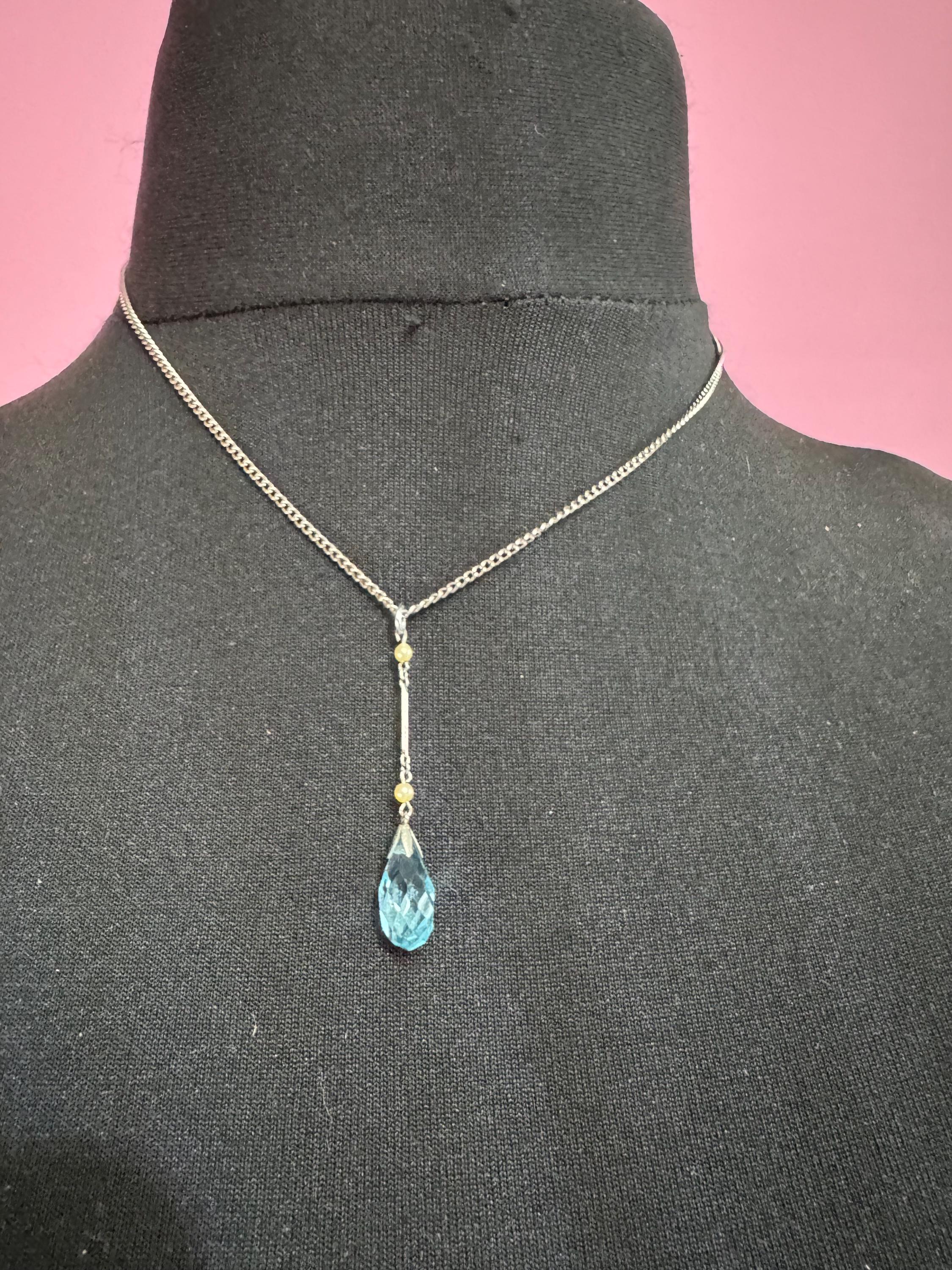 Art Deco sapphire blue glass drop necklace with seed pearls, silver tone