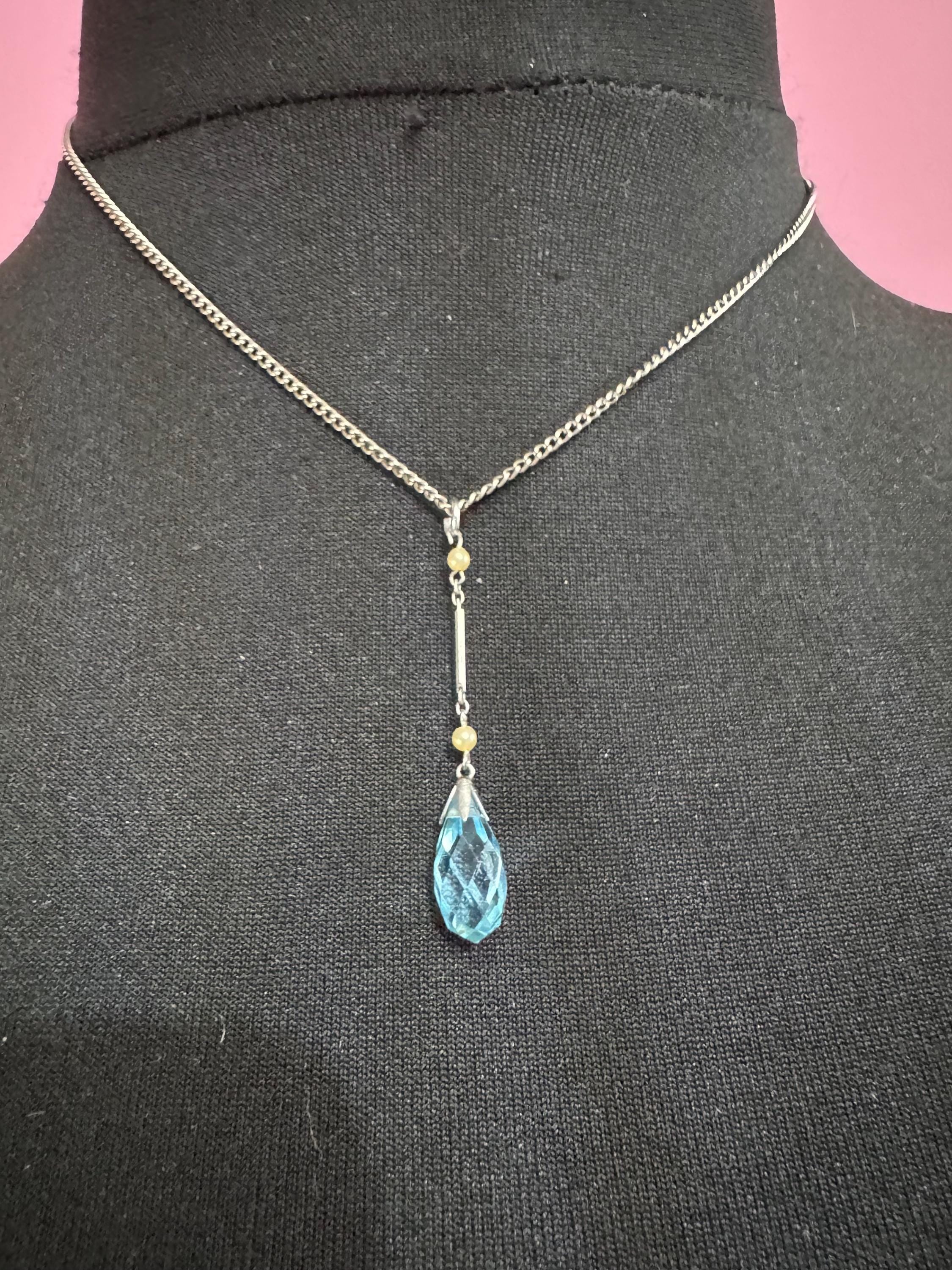 Art Deco sapphire blue glass drop necklace with seed pearls, silver tone