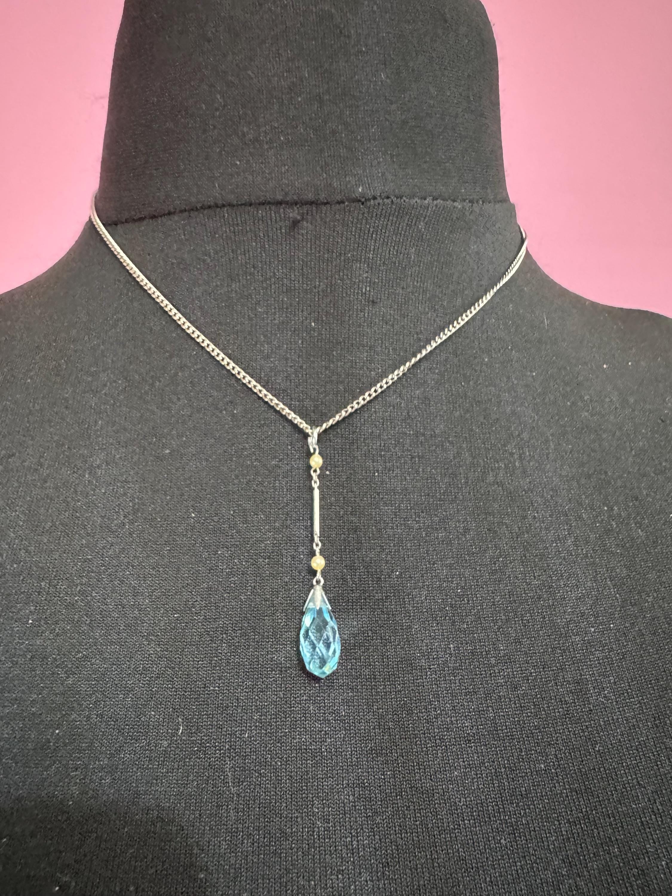 Art Deco sapphire blue glass drop necklace with seed pearls, silver tone