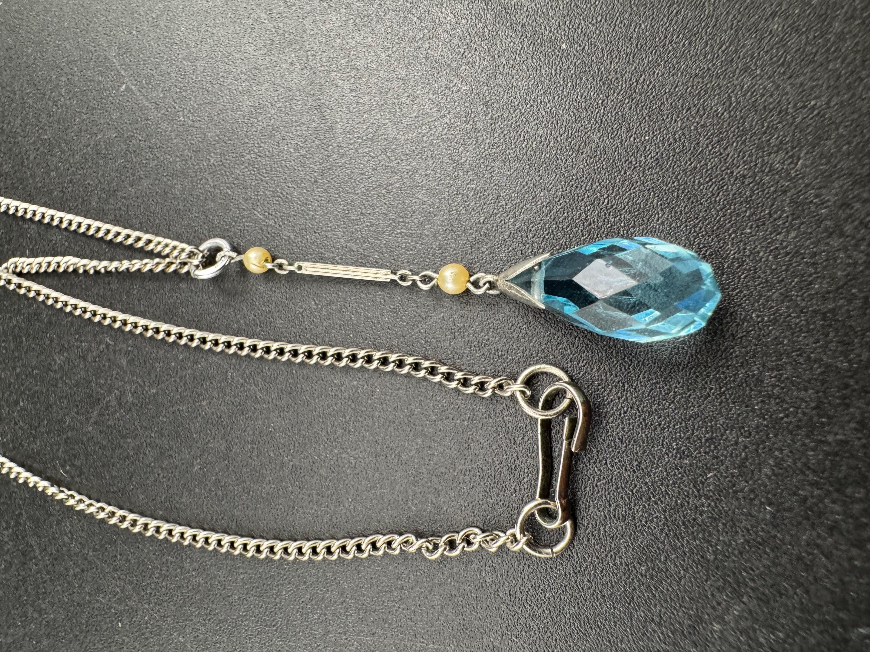 Art Deco sapphire blue glass drop necklace with seed pearls, silver tone