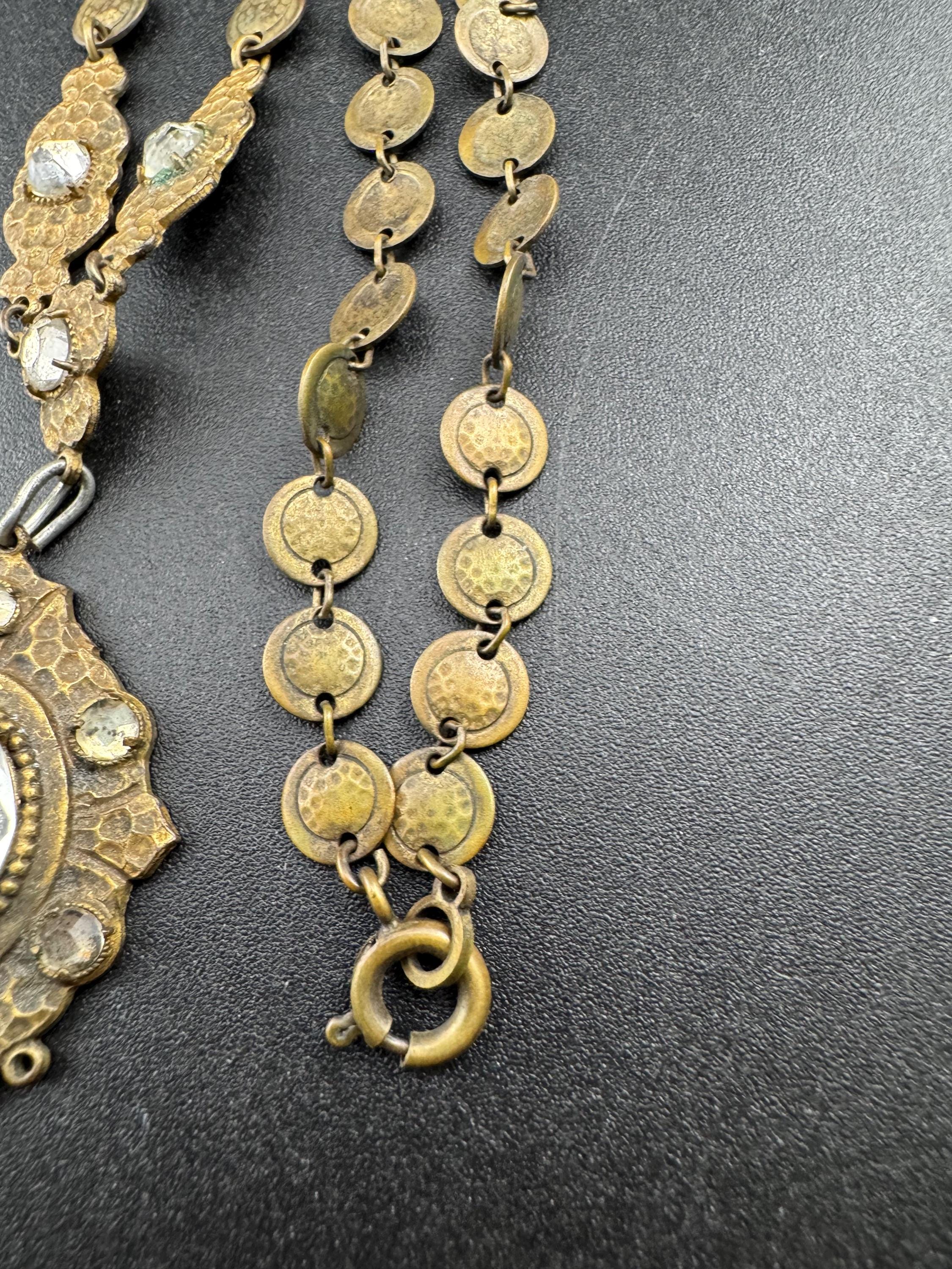 Art Deco czech brass necklace with clear rhinestones