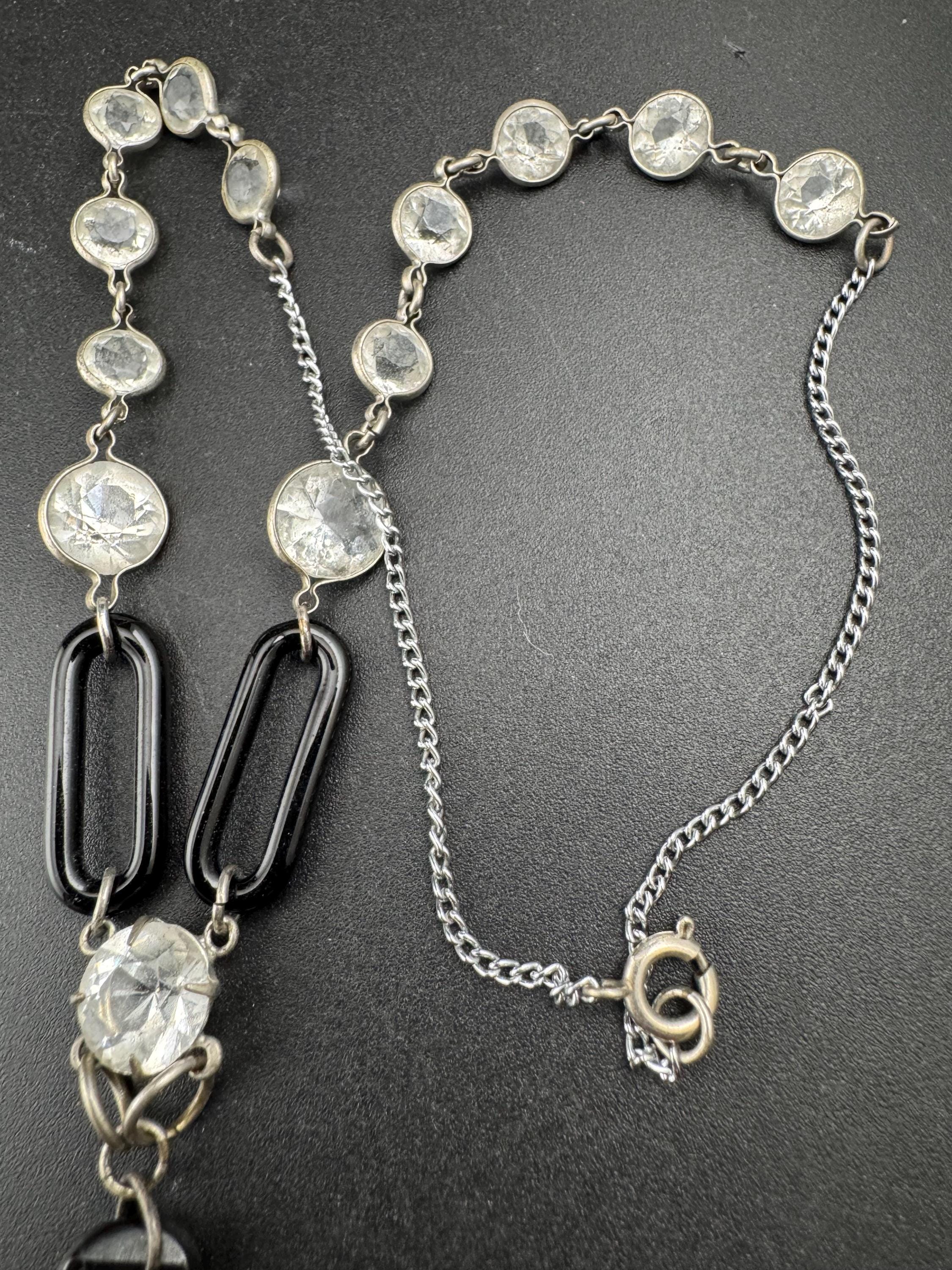 Art Deco Black clear bezel set Drop Necklace - Silver Tone 1920s