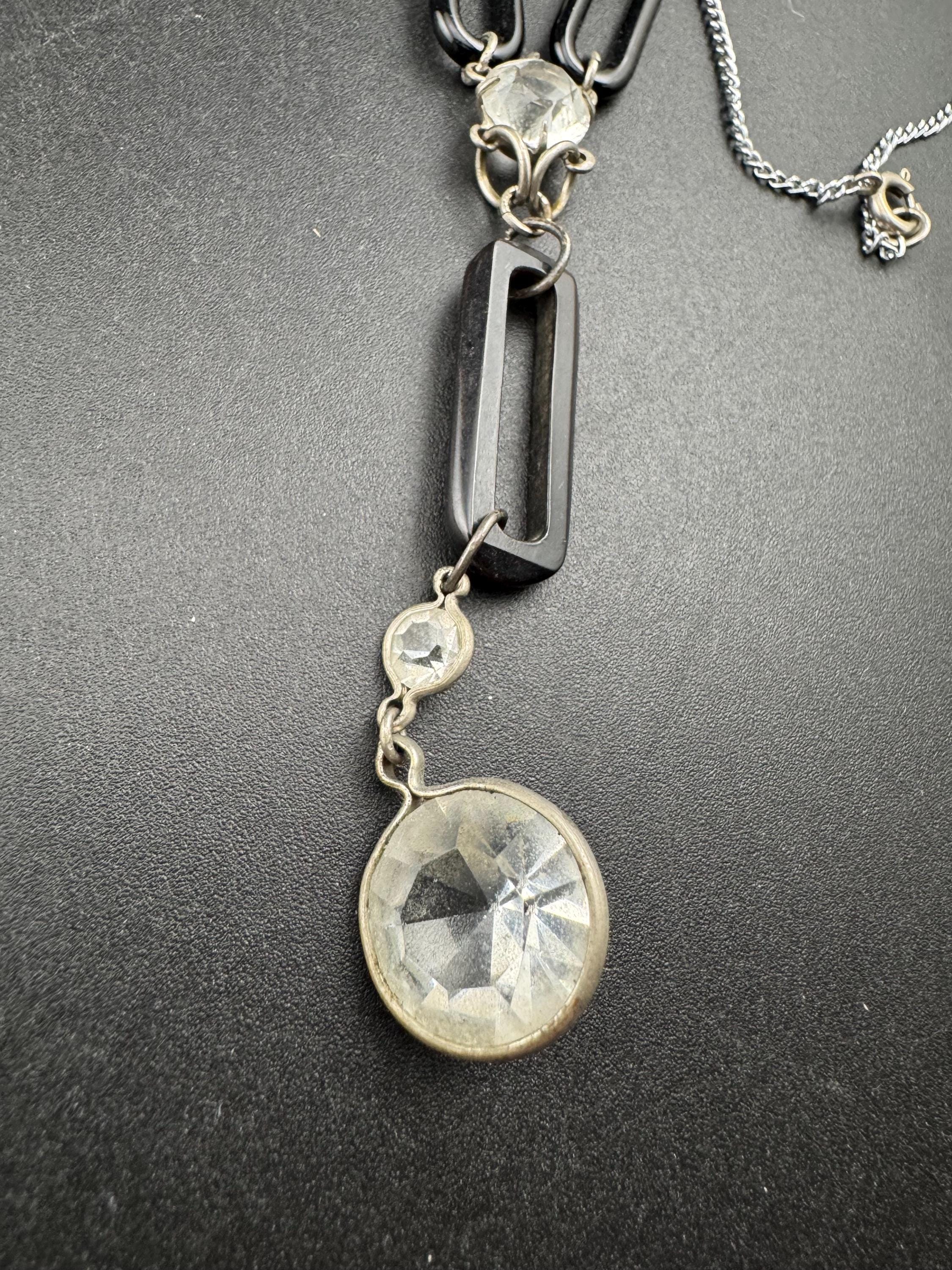 Art Deco Black clear bezel set Drop Necklace - Silver Tone 1920s