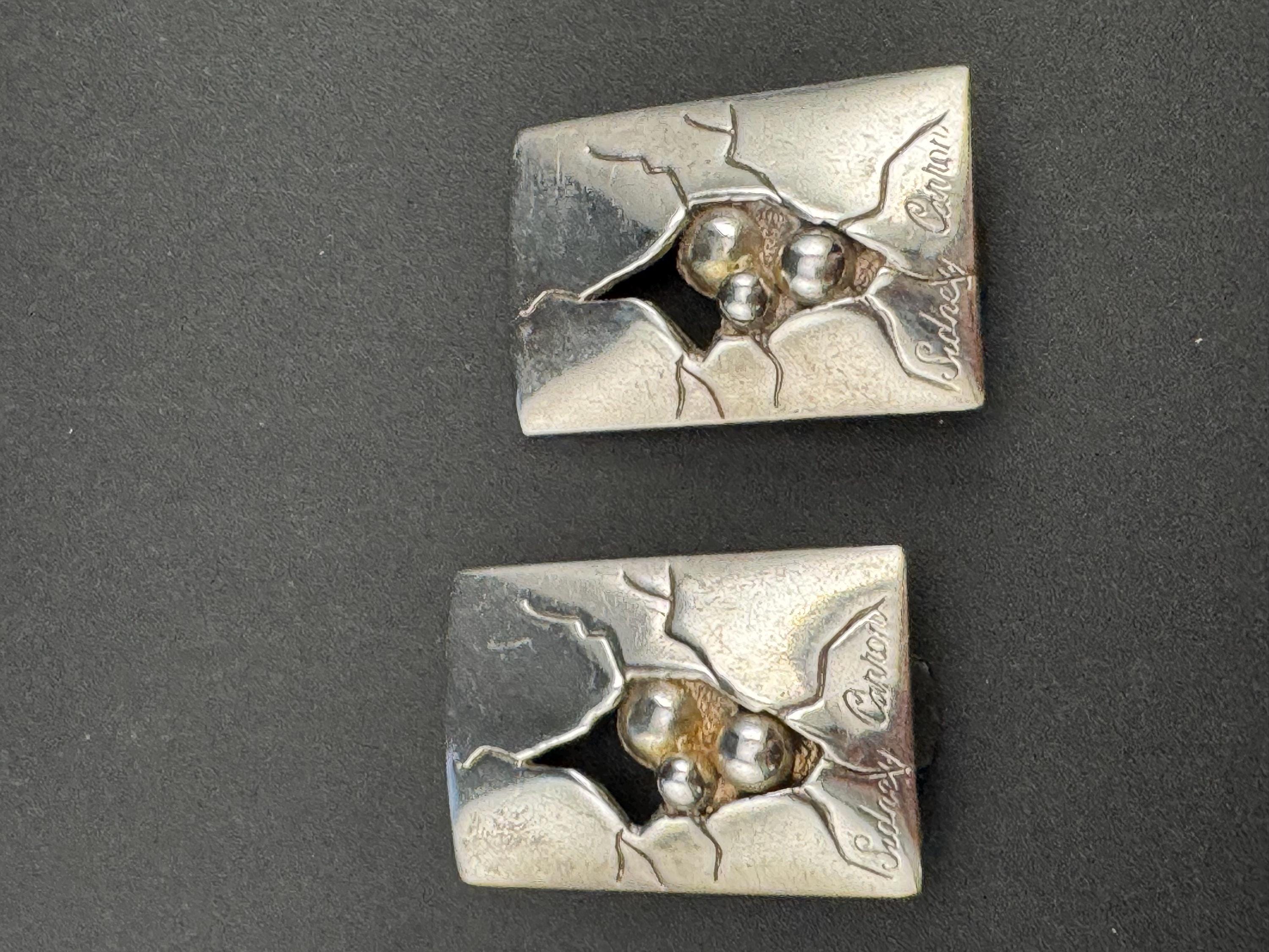 Signed SIDNEY CARRON Paris French designer large silver tone rectangular clip on earrings