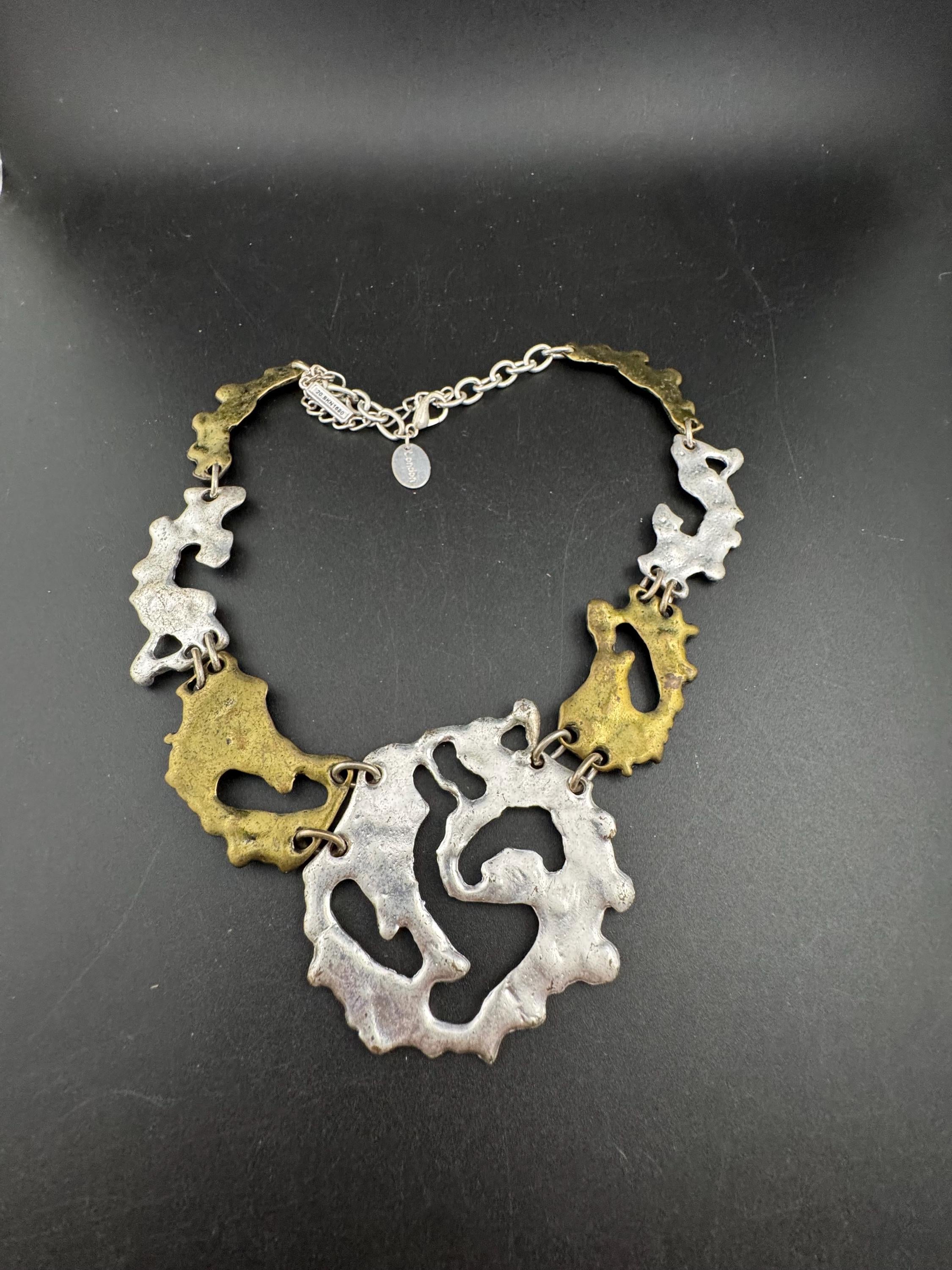 Vintage SAKS silver and brass brutalist melted metal panel link choker necklace