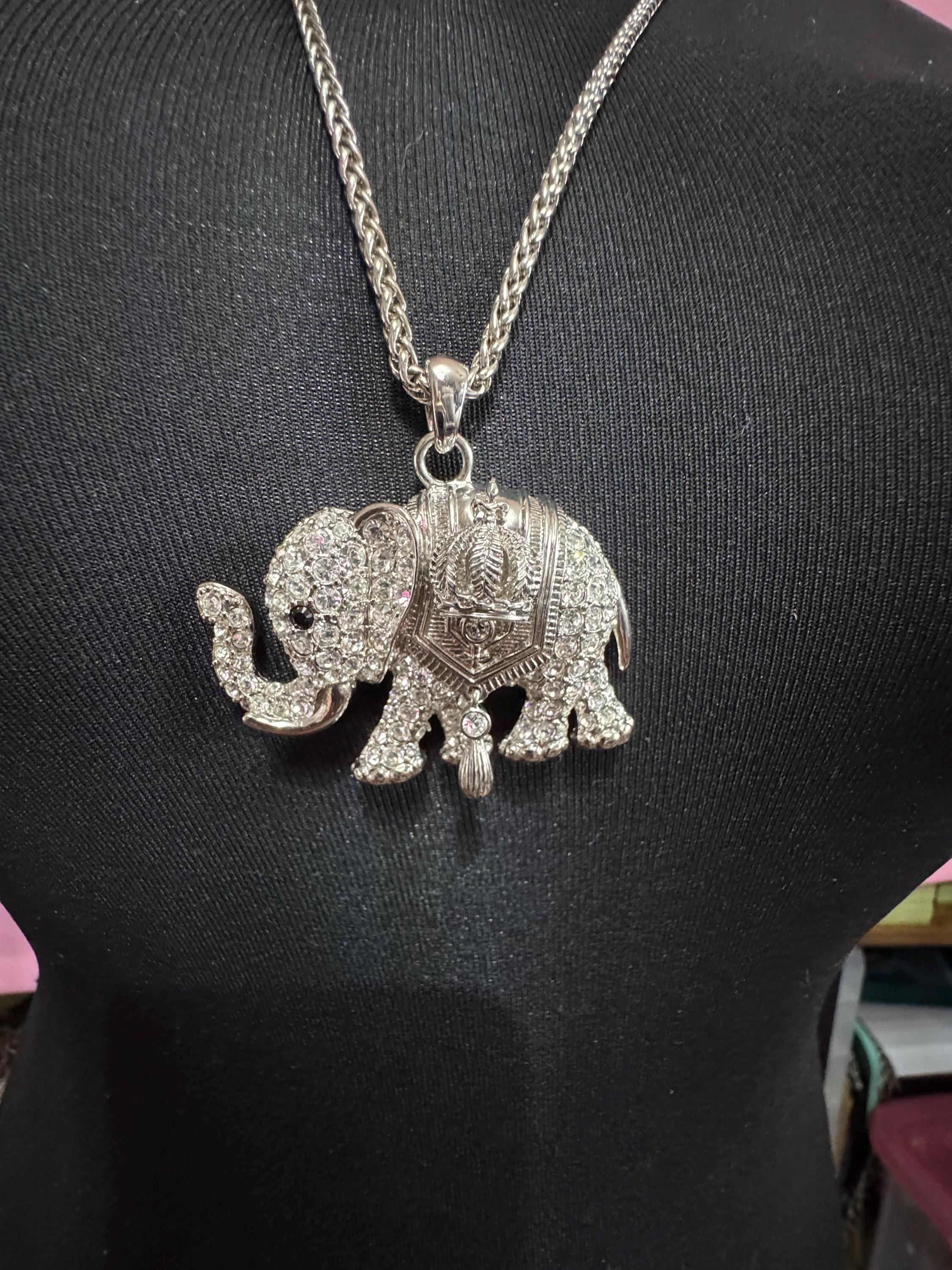 Vintage pompoos silver crystal elephant pendant necklace, designer
