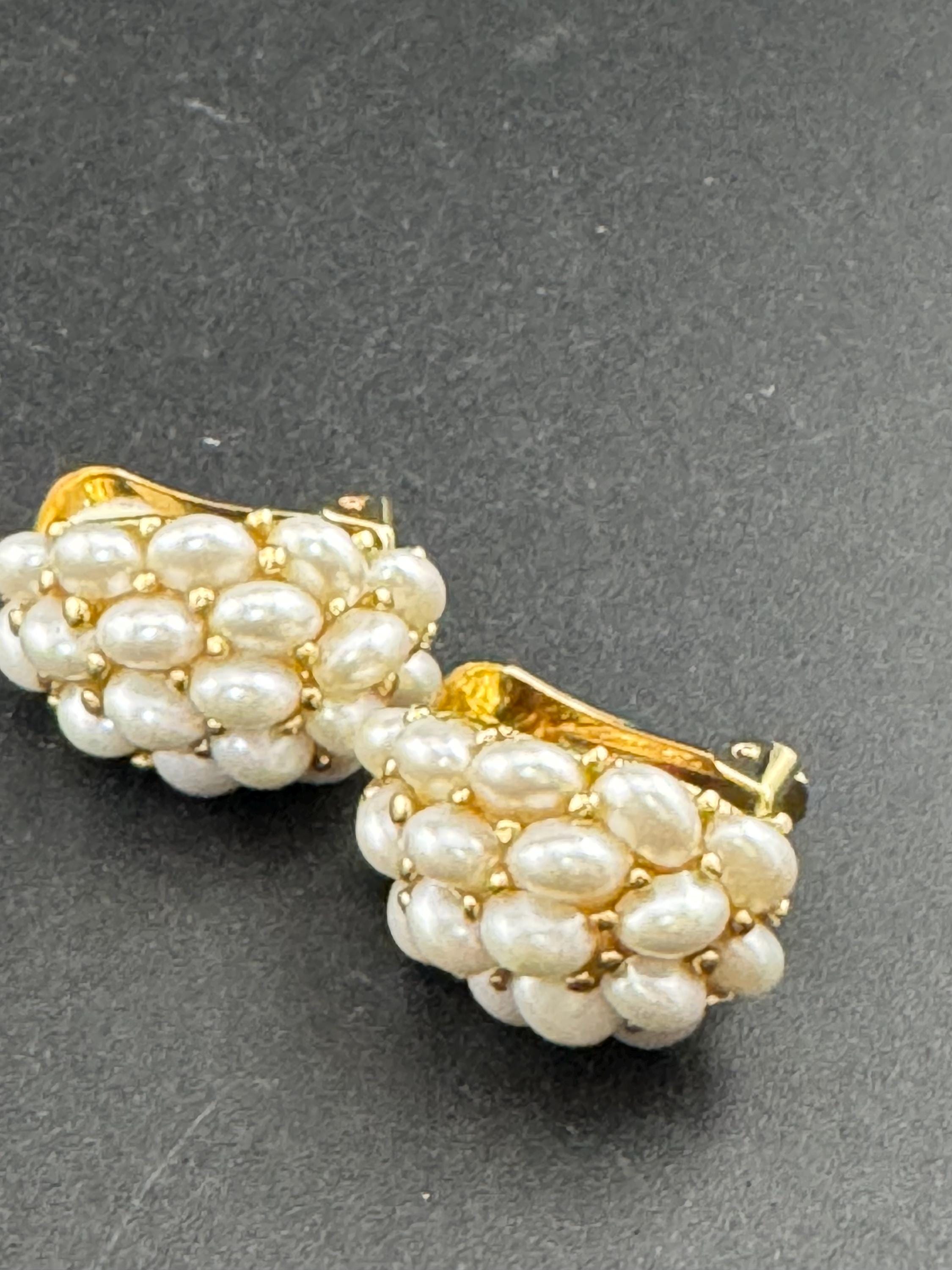 Signed KJL Kenneth Lane faux pearl cluster clip on half hoop earrings