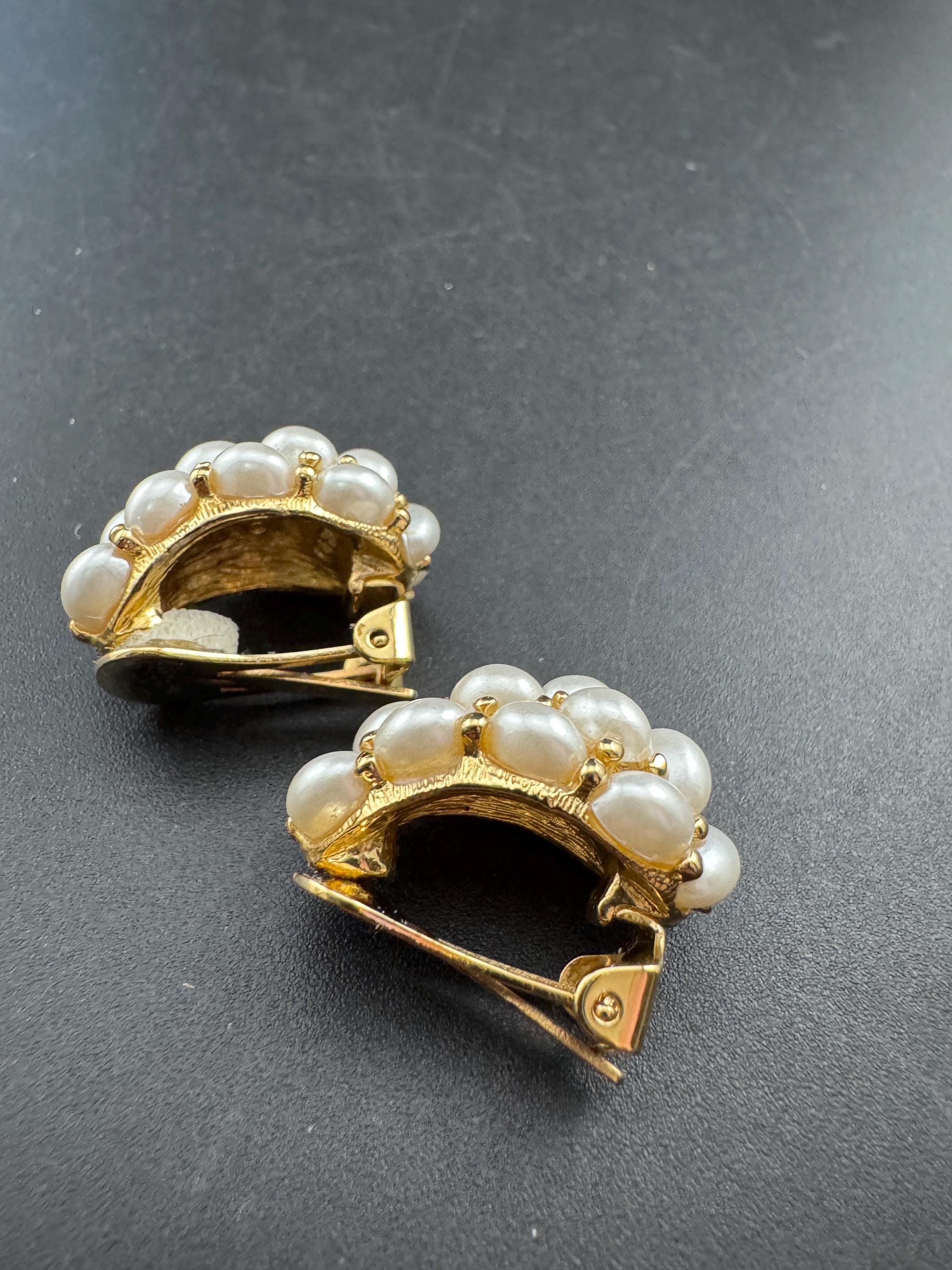 Signed KJL Kenneth Lane faux pearl cluster clip on half hoop earrings