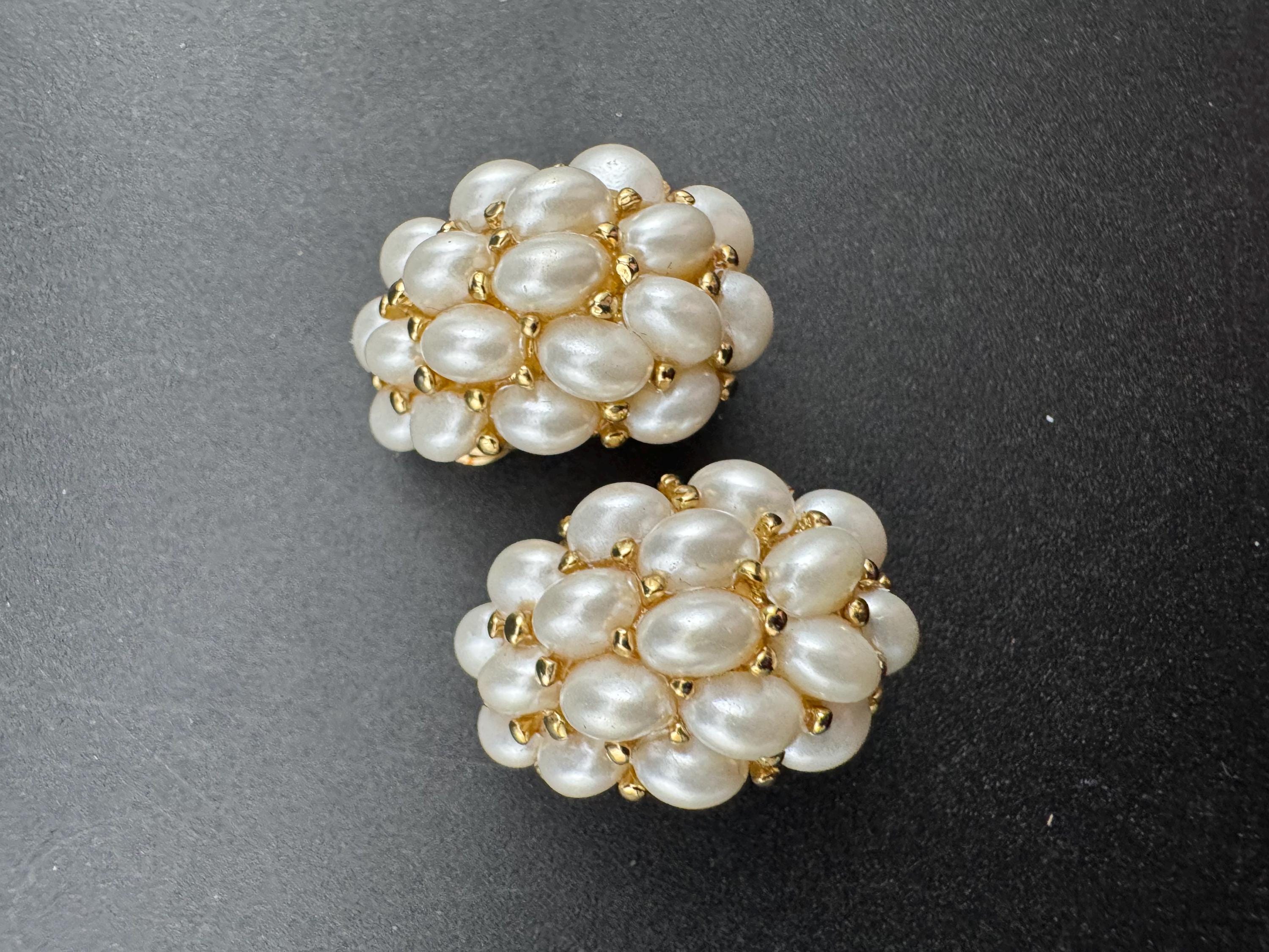 Signed KJL Kenneth Lane faux pearl cluster clip on half hoop earrings