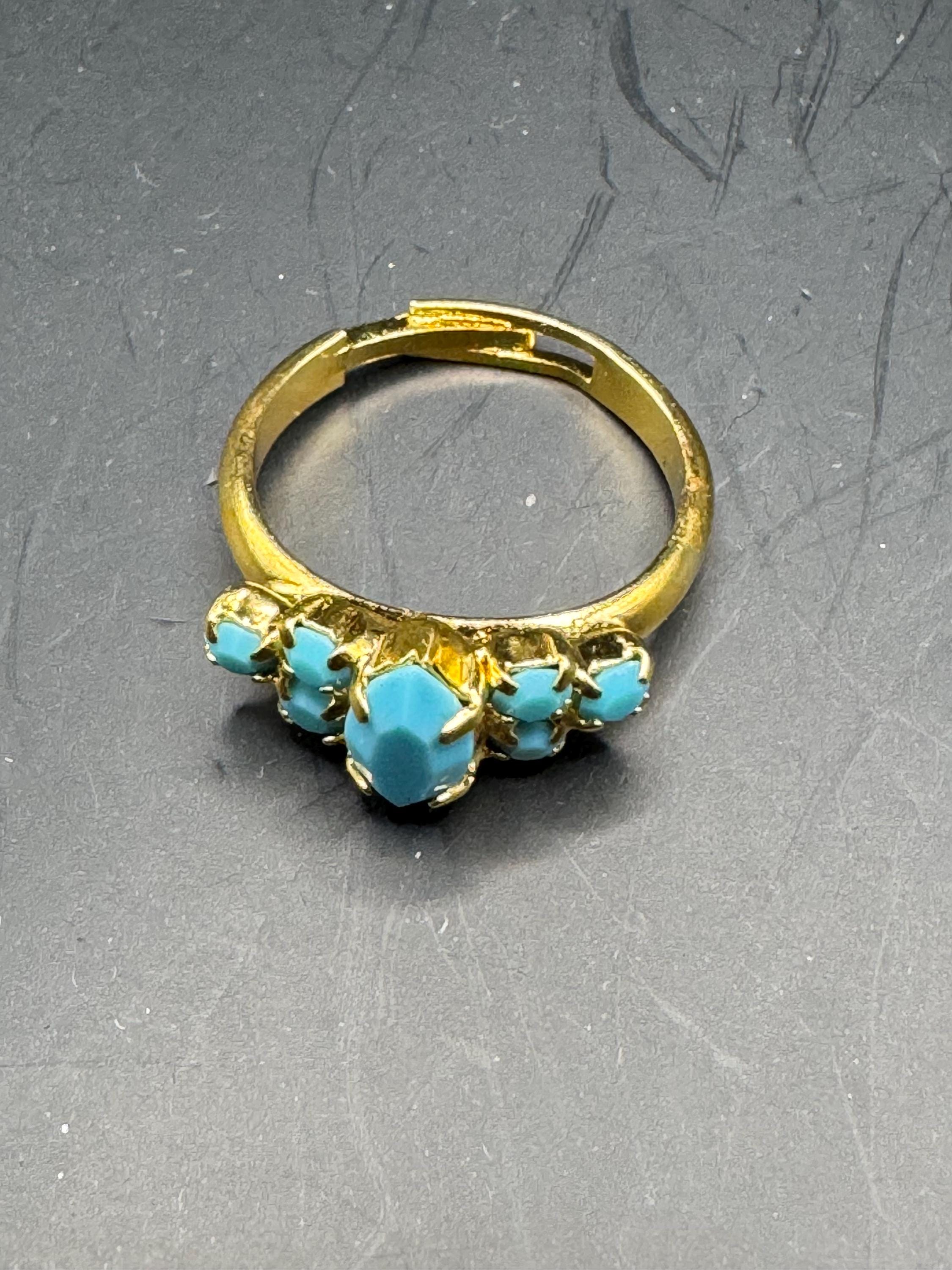 adjustable gold tone turquoise paste dress ring, 1970s cocktail rings