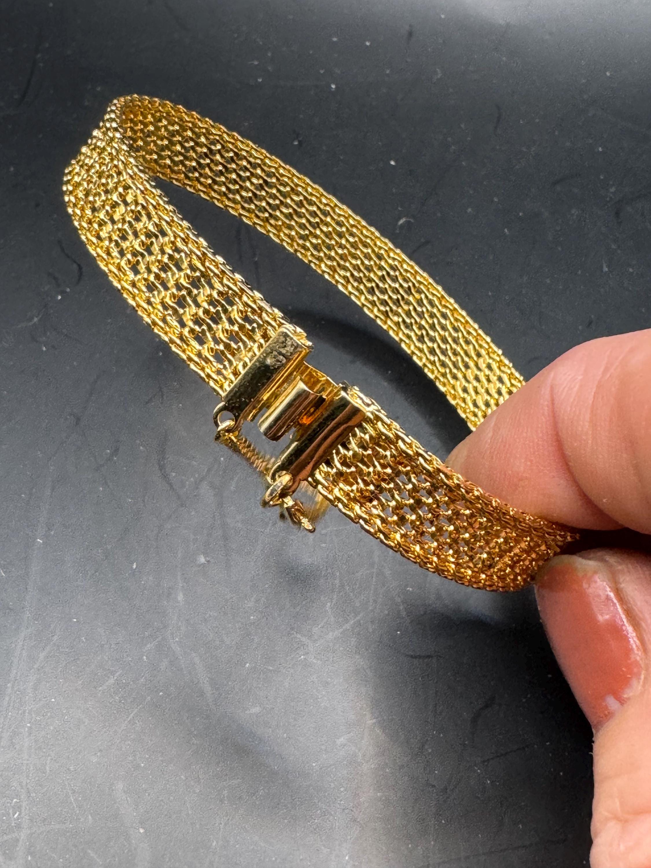 Vintage gold plated modernist slim flat mesh bangle bracelet 19 x 1cm