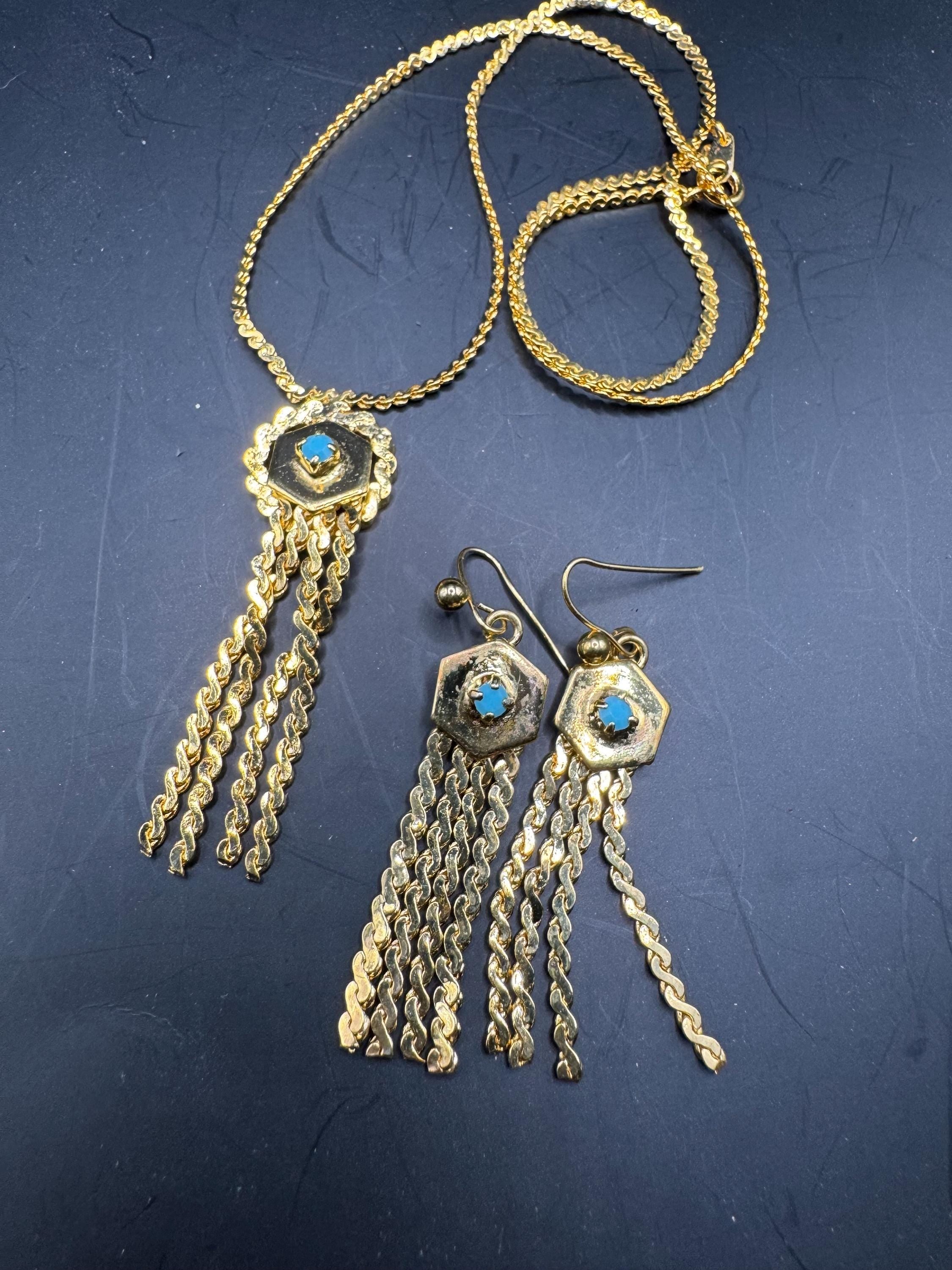 Vintage Turquoise rhinestone jewellery set, serpentine tassel necklace and earrings, gold plated