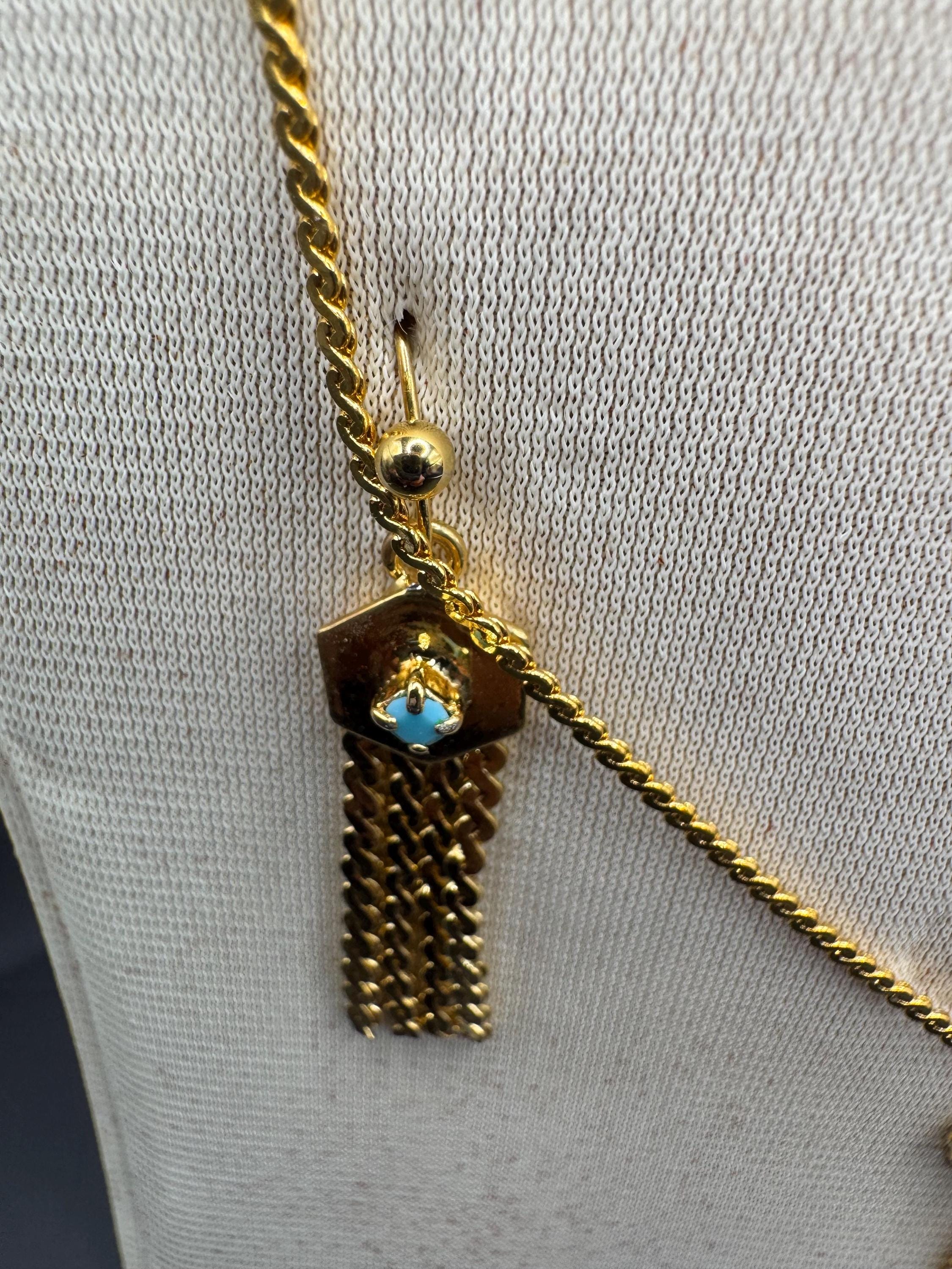 Vintage Turquoise rhinestone jewellery set, serpentine tassel necklace and earrings, gold plated