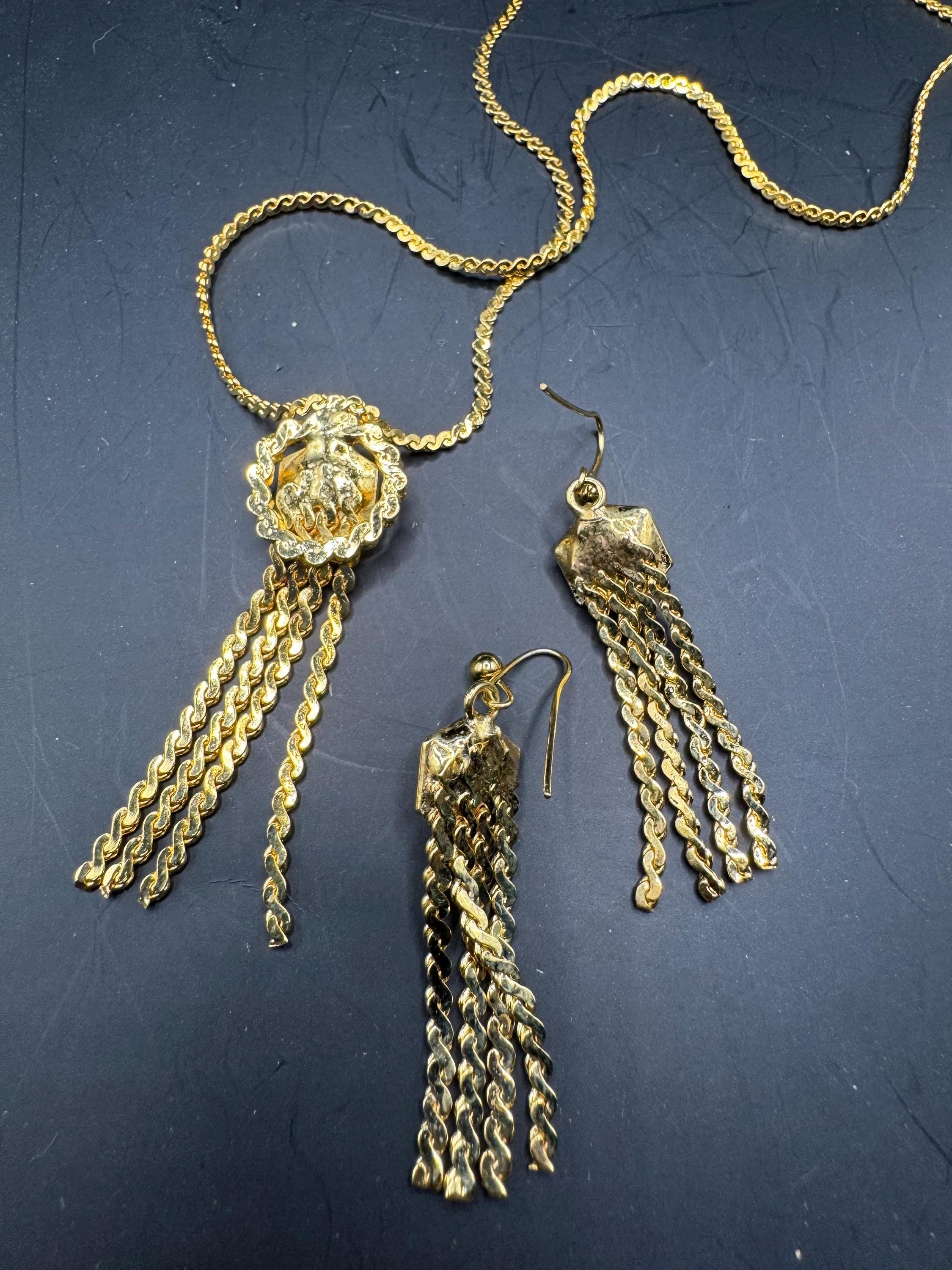 Vintage Turquoise rhinestone jewellery set, serpentine tassel necklace and earrings, gold plated